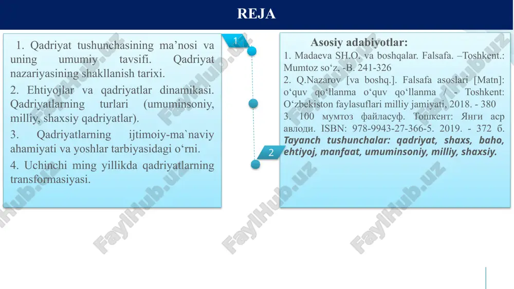 riyat) va "logos" (fan, ta'limot) tushunchalaridan tashkil topgan. “qadriyatlar falsafasi” inson har safar mutafakkirlar diqqat markazidan o‘rin olar ekan, uning mohiyatini yangi tarixiy sharoitda va yangicha nuqtai nazardan anglab etishga harakat qilib, uni qayta va qayta yangidan kashf etganlar. hind madaniyati va falsafasining bebaho yodgorliklarining har birida aql-idrok, adolat, insof-diyonat, halollik, poklik, mehnatsevarlik, milliy totuvlik, zulm va zo’ravonlikka, xiyonat va riyokorlikka va boshq… qadriyatlar. misrliklar, hayot suvdan boshlanadi, deb bilib, suvsiz hech qanday hayot bo’lmasligini ko’rib, suvni ulug’lovchi qanchadanqancha rivoyat va afsonalar to’qiganlar. forobiy aristoteldan keyingi yirik mutafakkir «muallim — as-soniy» — ikkinchi muallim», «sharq aristoteli» nomi bilan ulug’lashdi. i qadriyat nazariyasining shakllanish tarixi. qadriyatlar tizimi — tabiat va jamiyatda uchraydigan narsa va hodisalarning oʻz hayotidagi oʻrni haqida insonlarda hosil boʻlgan qarashlar toʻplamini bildiradigan qadriyatlar nazariyasi tushunchasi (ijtimoiy munosabat). qadriyat o‘z mohiyatiga ko‘ra ijtimoiydir va ob’ekt-sub’ektli xususiyat kasb etadi. ma’lumki, jamiyat bo‘lmagan joyda qadriyatlar mavjudligi haqida gapirishning o‘zi behudadir. qadriyat …
