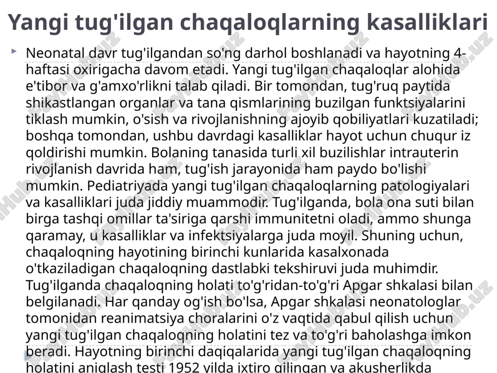 g birinchi daqiqasida va besh daqiqadan so'ng amalga oshiriladi. yangi tug'ilgan chaqaloqning holatining o'zgarishi, uning tashqi muhitga moslashishi juda tez sodir bo'ladi va apgar shkalasi bo'yicha 5-6 ball 5 daqiqadan so'ng 9-10 ballgacha ko'tarilishi mumkin. agar kerak bo'lsa, bolaning holatini sekin normallashtirish, baholash reanimatsiya tadbirlaridan keyin 10 daqiqadan so'ng takrorlanishi mumkin. bolaning holatini baholash quyidagicha yoziladi: apgar shkalasi 7/8 ball, kasr orqali ikkita ball, birinchisi – birinchi daqiqada, ikkinchisi – beshinchi daqiqada. baholarni quyidagicha talqin qiling: 7-10 ball-bola sog'lom tug'ilgan va mukammal moslashgan; 5-6 ball-sog'lig'ida kichik og'ishlar mavjud, bola shifokorning e'tiborini talab qiladi; 3-4 ball – shoshilinch tibbiy yordamni talab qiladigan og'ir holat; 0-2 ball - o'ta og'ir holat, reanimatsiya choralarisiz bola o'ladi. apgar shkalasi-bu yangi tug'ilgan chaqaloqning sog'lig'i bo'yicha testlardan biri bo'lib, undan keyin bola tug'ilgandan keyin bir necha kun va haftalar davomida o'tkazilgan bir qator boshqa testlar va tekshiruvlar o'tkaziladi. yangi tug'ilgan chaqaloqlarni parvarish qilish bir qator savollarni …
