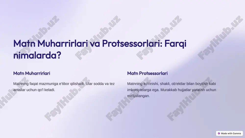 afika, jadval va formulalar qo'shish. matnni tekshirish imloning to'g'riligini va grammatik xatolarni tekshirish. ko'p foydalanuvchili tahrir hujjatni birgalikda tahrirlay olish imkoniyati. 8 word dasturining asosiy funksiyalari 1 hujjat yaratish yangi hujjat ochish, mavjudlarini oчish. 2 hujjatni saqlash hujjatni istalgan joylarga saqlab olish. 3 hujjatni tahrirlash matnni, formatni, grafika va jadvallarni o'zgartirish. 9 xulosa 1 matn muharrirlari va protsessorlari matnlar bilan ishlash uchun asosiy kompyuter vositalari. 2 microsoft word yetakchi matn protsessori, ko'p imkoniyatli va qulay interfeys. 3 kompyuter savodxonligi matn muharrirlari va protsessori asosiy bilimlar majmuasi. 10 image1.png image2.png image3.png image4.png image5.png image6.png image7.png image8.png image9.png image10.png image11.png image12.png image13.png image14.png image15.png image16.png image17.png image18.png