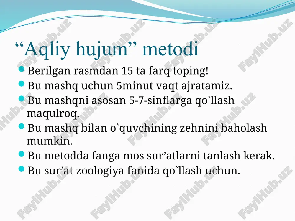 sil oluvchi uchun qizil va yashil rangli kartochkalar hamda mavzuga oid savolnoma tayyorlanadi; – savolnomadan “ha” yoki “yo`q” tarzida javob berish mumkin bo`lgan savollar o`rin olgan; –tahsil oluvchilarga qizil rangli kartochkalarning “tasdiq”, yashil rangli kartochkalarning “inkor” ma’nosini anglatishi uqtirib o`tiladi; – tahsil oluvchilar o`qituvchi tomonidan berilgan savollarga “tasdiq” yoki “inkor” ma’nolarini anglatuvchi kartochkalarni ko`rsatish asosida javob qaytaradilar. umumiy o`rta ta’lim maktablarining viii sinfida “iqtisodiy bilim asoslari” fani bo`yich tashkil etilgan mashg`ulot jarayonida “ qizil va yashil rangli kartochkalar bilan ishlash” metodini qo`llashda tahsil oluvchilarga quyidagi savollarni berish mumkin: tasdiq inkor savollar 1.inson ehtiyojlarini qondirish uchun unga turli xil ne’matlar zarur bo`ladimi? 2. havo, suv, quyosh nuri va issiqligi, shuningdek, foydali qazilmalarni inson kuchi bilan hosil qilish mumkinmi? 3. inson mehnati, u tomonidan tashkil etilayotgan iqtisodiy faoliyatning mahsuli mahsulot deb ataladimi? 4. mahsulotlar faqatgina moddiy ne’matlardangina iboratmi? 5. xizmat ko`rsatishning muayyan ko`rinishi mahsulot bo`la oladimi? 6. moddiy ne’mat yaratmaydigan, biroq natijasi …