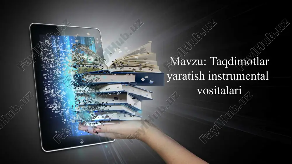 adi. tayyor shablonlardagi slayd ketma-ketligi avtomatik tarzda belgilab chiqilgan bo'ladi. taqdimot muharrirlari multimediali elektron o‘quv kurslarni yaratish imkoniyatini beruvchi dastur. dastur orqali foydalanuvchilar flash - roliklar, youtube - videoresurs-larni power point taqdimot slaydlariga joylashtirishi mumkin. dasturning asosiy afzalligi shundaki, power point dasturida yaratilgan taqdimot fayli hajmini 97 foizgacha siqish imkoniyati mavjud. bu dastur yordamida audio, video, interaktiv elementlar va testlar bilan boyitilgan onlayn taqdimot materiallari va o‘quv, har xil so‘rovnomalar, anketalar,3d kitob kabi bir qancha elektron nashrlar tashkil etish imkoniyati mavjud. taqdimot muharrirlari taqdimot muharrirlari powerpoint e’tiboringiz uchun raxmat! image10.png image1.jpg image2.jpg image9.jpg image11.png image12.jfif image13.png image14.png image15.png image16.png image17.png image18.png image19.png image20.png image21.png image22.png image23.png image24.png image25.png image26.png image27.png image28.png image3.jpg /docprops/thumbnail.jpeg
