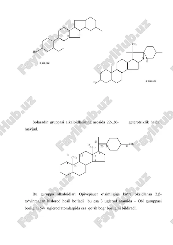 arini o‘zilishi natijasida 125 m/z maksimal ioni hosil bo‘ladi.s-nor-d-gomosteriodalkaloidlar. bu guruppa alkaloidlarining asosida sevanin geterotsiklik halqasi borligi bilan xarakterlanadi.nerven grkppasi alkaloidlariga peyevdonervin, veratrobozin, 11-dezoksipervin, (siklopamin), sikloposin, peymizin, edpetin, korsevin va hokozolar kiradi, veratramin gruppasi alkaloidlariga veratrozin, veratramin, veradin va boshqalar kiradi. pervin gruppasi alkaloidlarining asosini pervanin geterotsiklik halqasi tashkil etsa, veratramin alkaloidlarining yadrosini esa veratranin geterotsiklik halqasi tashkil etadi. bu alkaloidlarning ko‘pchiligi tabiatda aminospirt hamda gliko alkaloid holida uchraydi. kislorod atomlari molekulada gidropsil gruppasi holida hamda karbonil guruhlari holida uchraydi. bir kislorod atomi nerven molekulasidan 17 hamda 23 uglerod atomlari orasida kislorod ko‘prigini hosil qiladi qaysini kislota tasirida izo birikma hosil qiladi. foydalanilgan adabiyotlar. 1. турақулов ё.х. « биохимия» «ўқитувчи» тошкент 1996 й 2. цветков л.а. сведения о гетероциклических соединениях и нукленовых кислатах в кеурсе химии. химия в школе-1986 №6 3. г.в. лозуревский, и.в.терентъева, а.а. шамшурин. практические работы по химик природных соединений издатеиъство « выстая школа» москва 1986г. 4. авчинников …