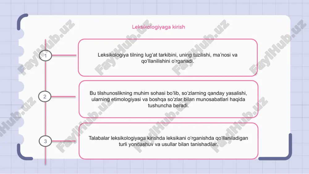 aralashtirish esa ikki so‘zning qismlarini birlashtirib, yangi so‘z hosil qiladi. leksik semantika leksikologiya tildagi soʻzlar va ularning maʼnolarini oʻrganadi. bu tilning lugʻat tarkibiga eʼtibor qaratuvchi tilshunoslikning boʻlimi. leksik semantika so'zlarning ma'noni qanday etkazishini o'rganadi. bu alohida so'zlarning ma'nosini va ularning jumla va nutqda bir-biri bilan qanday bog'lanishini o'rganadi. leksikologiya va leksik semantika sohasi tilning qanday ishlashini va muloqotda ma'no qanday tuzilganligini tushunish uchun muhimdir. 1 2 3 leksik xilma-xillik leksikologiya tilning lugʻat tarkibini oʻrganuvchi tilshunoslikning boʻlimidir. u so'zlarning ma'nosi, tarixi va qo'llanilishini o'rganadi. leksik oʻzgaruvchanlik soʻzlarning turli kontekstlarda yoki soʻzlovchilarning turli guruhlari tomonidan qoʻllanilishining turli usullarini bildiradi. u talaffuz, imlo va ma'nodagi o'zgarishlarni o'z ichiga olishi mumkin. leksik o‘zgaruvchanlikni tushunish tillarning xilma-xilligi va boyligini tushunish, shuningdek, til o‘zgarishi va sotsiolingvistikani o‘rganish uchun muhim ahamiyatga ega. leksikologiya va til o'zgarishi leksikologiya so'zlarni, ularning ma'nosini va vaqt o'tishi bilan qanday o'zgarishini o'rganadi. u til va madaniyat o'rtasidagi munosabatni va jamiyatlar o'zgarishi bilan …