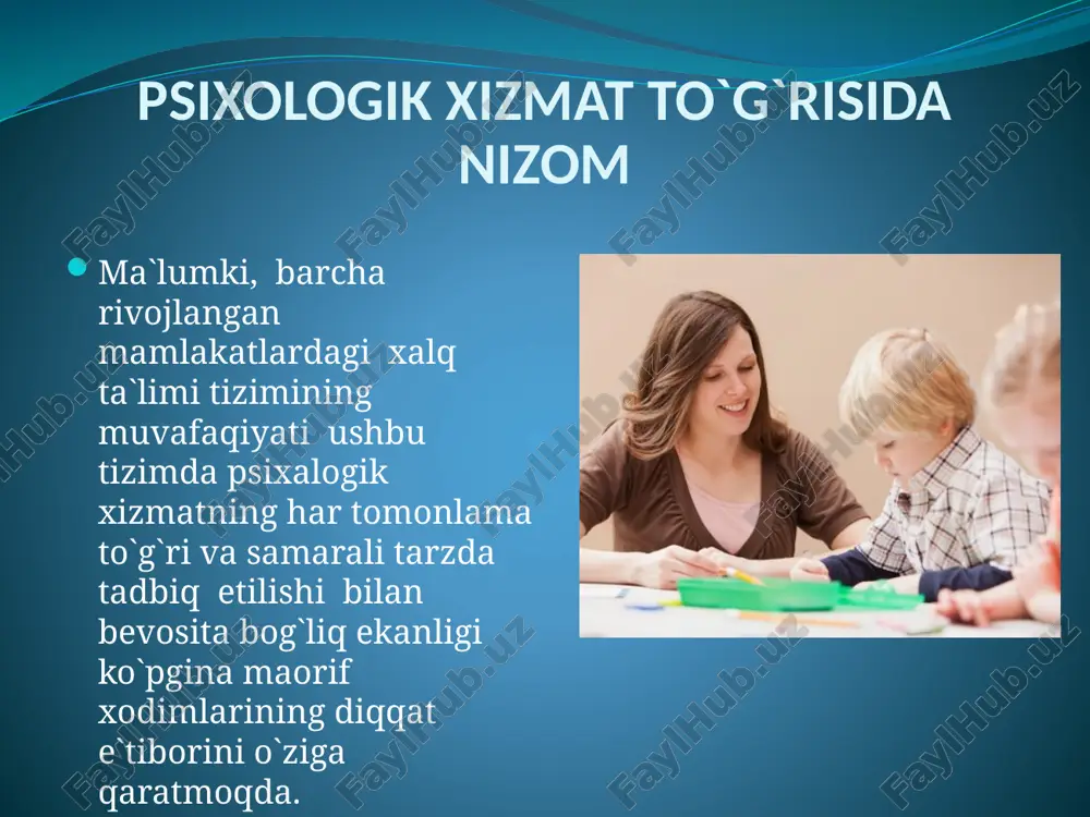 aol shaxsni shakllantirishga imkon beradi. psixologik xizmatning respublikamizdagi holati. psixologik xizmat-ijtimoiy psixologik muammo sifatida talqin qilinar ekan, barcha rivojlangan mamlakatlardagi kabi, o`zbekistonda ham mazkur psixologik xizmat muammosining qay tariqa va qanday ilmiy-tashkiliy asoslarda bartaraf etilayotganligini o`rganish, tahlil qilish va talqin qilish muhim ahamiyat kasb etadi. chunki, respublikada psixologik xizmatga oid olib borilayotgan nazariy-ilmiy va amaliy-uslubiy tadqiqotlar ko`lamiga ma'lum tartibda baho bermay turib, o`zbekistonda psixologik xizmatni yanada takomillashtirish va rivojlantirish masalasi haqida fikr mulohaza yuritib bo`lmaydi. ta'lim sohasida psixologik xizmatni tashkil etishning tamoyillari va strukturasi binobarin, chet el ilg`or psixologiyasida psixologik xizmat metodologiyasi uchun muhim o`rin tutuvchi quyidagi yo`nalishlarga asos solindi: 1) ch.spirmen tomonidan "ikki omil" nazariyasi yaratildi. bu nazariyaga muvofiq insonning har bir faoliyatida barcha faoliyatlar uchun umumiy bo`lgan (1-omil) va aynan mazkur faoliyatga mos bo`lgan (2-omil) barcha xususiyatlar o`zaro bog`liqlikda tadqiq qilinadi. tadqiqotchi ushbu omillarning inson va faoliyat uyg`unligini ta'minlash uchun zarur bo`lgan psixologik mohiyati va mazmunini ochib beradi. …