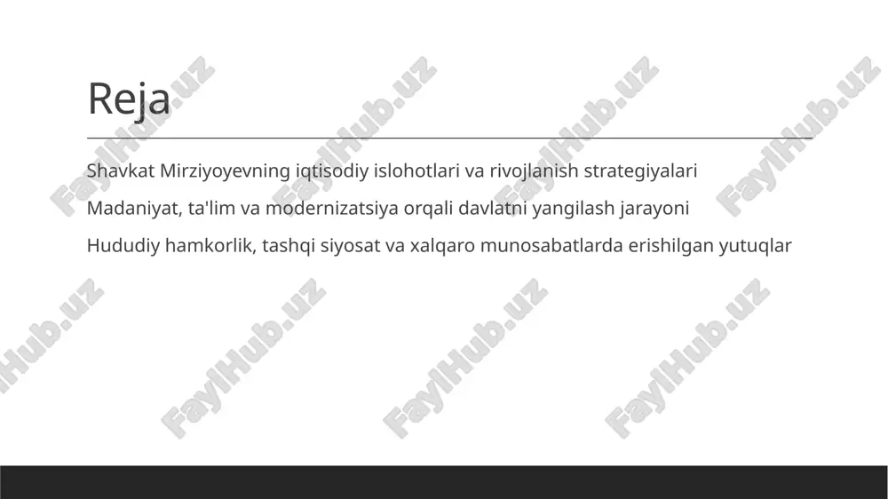 rni olib keldi. sog‘liqni saqlash, ta’lim va ijtimoiy yordam tizimi mustahkamlandi, tenglik va imkoniyatlar kengaytirildi. qishloq va shahar rivojlanishi qishloq joylarida infratuzilma va iqtisodiy imkoniyatlar oshirildi. shaharlar va qishloqlar o‘rtasidagi farqlar kamayib, keng qamrovli rivojlanish ta’minlandi. madaniyat va ta'lim orqali milliy identitetni mustahkamlash jarayoni 1 milliy madaniyatni rivojlantirish o'zbekiston milliy madaniyatini saqlash va rivojlantirish uchun tarixiy meros, an'analar va milliy urf-odatlarni ta’lim va san’at orqali yoyish muhimdir. 2 ta'lim siyosati va identitet ta'lim tizimida milliy qadriyatlar va tarixiy bilimlarni o‘rgatish, yosh avlodda milliy ongni shakllantirish va mustahkamlashga xizmat qiladi. 3 madaniyat va yoshlar madaniyat va ta'lim orqali yoshlarni milliy identitetga bog‘lash, ularni milliy g‘urur va vatanparvarlik ruhida tarbiyalash asosiy vazifadir. modernizatsiya va texnologik rivojlanishning ta'lim va madaniyatdagi o'rni 01 raqamli transformatsiya ta'lim va madaniyat sohalarida raqamli texnologiyalar yordamida o‘quv jarayonlari modernizatsiya qilinmoqda, masalan, onlayn ta'lim platformalari va virtual muhitlar. 02 innovatsion ta'lim zamonaviy texnologiyalar yordamida, interaktiv darslar va ilg‘or pedagogik …