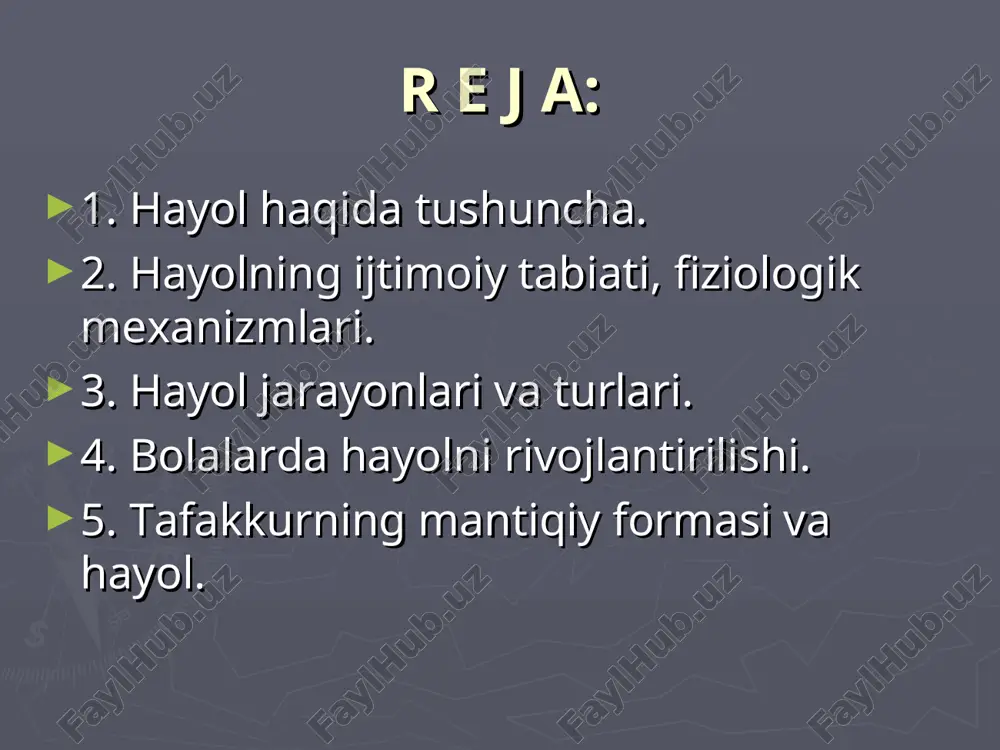 qo`shishga miya yarim sharlari po`stlog`i bilan birga qatnashuvchi miyaning ana shunday chuqur qismlari gipotalam-limbik (uning qadimsgi po`stloq va po`stoq osti qismlari bilan bog`lanishi miya yarim sharlarga chiqaverishda oldingi qismi atrofida «limb» yoki chegara hosil bo`ladi) sistemadir. eksprimentlardan shu narsa aniqlagandiki, gipotalam - limbik sistema zararlanganda, kishi psixikasida o`ziga xos buzilishi sodir bo`ladi: odamning xatti-harakatlari guyo ma’lum programma bilan boshqarilayotgan va bir biri bilan bog`lanmagan alohida-alohida shu bilan birga o`z-o`ziga etarli darajada murakkab va bir butun harakatlardan iboratdek tasavvur tug`iladi. hayolning turlari tushlar – uyquda yuzaga keladigan ixtiyorsiz obrazlar bo`lib, ular tez unitilishi yoki uzoq muddatga saqlanishi mumkin. orzu – inson ongidagi real va noreal tasavvurlar bilan bog`liqdir. aktiv hayol – insonning hayotiy rejalarini, xohish – istaklarini amalga oshirishda o`z aksini topadi. masalan: yangi avtomabil yaratish, gess qurilishi rejasini tuzish shularga misoldir. reproduktiv hayolda aniq real vazifani amalga oshirish maqsad qilib qo`yiladi. unda fantaziya elementlari mavjud bo`ladi. produktiv (ijodiy) hayol - …