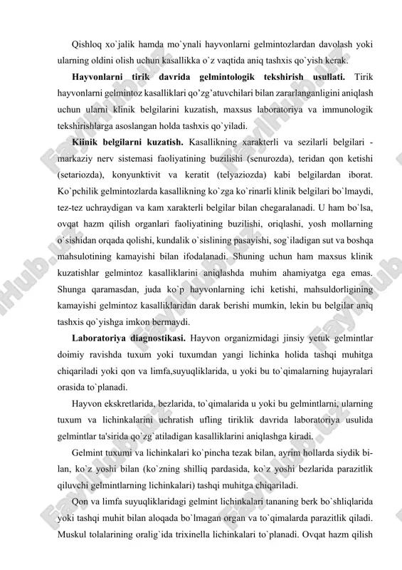 sirida qo`zg`atiladigan kasalliklarini aniqlashga kiradi. gelmint tuxumi va lichinkalari ko`pincha tezak bilan, ayrim hollarda siydik bi-lan, ko`z yoshi bilan (ko`zning shilliq pardasida, ko`z yoshi bezlarida parazitlik qiluvchi gelmintlarning lichinkalari) tashqi muhitga chiqariladi. qon va limfa suyuqliklaridagi gelmint lichinkalari tananing berk bo`shliqlarida yoki tashqi muhit bilan aloqada bo`lmagan organ va to`qimalarda parazitlik qiladi. muskul tolalarining oralig`ida trixinella lichinkalari to`planadi. ovqat hazm qilish sistemasida parazitlik qiluvchi gelmintlar ko`pincha hayvon o`lganidan keyin yoki gelmintsizlantirilgandan so`ng axlat bilan tashqi muhitga chiqadi. gelmintokoprologik tekshirish. juda ko`p gelmintoz kasalliklarni qo`zg`atuvchilarning tuxum va lichinkalari (fassiolla, moniyeziya, diktiokaula va boshqalar) tashqi muhitga axlat bilan chiqariladi. shunday ekan, axlatdagi gelmintlarning tuxum va lichinkalarini aniqlash uchun ko`pincha laboratoriya usuli qo`llaniladi. gelmintokoprologik metod sifat va miqdoriy tekshirishlarga bo`linadi. sifat gelmintokoprologik tekshirish. sifat gelmintokoprologik tekshirish organizmda u yoki bu turdagi gelmintlarni uchratgandagina o`tkaziladi. ularning bajarilishi oddiy, faqatgina shartli suratda invaziyaning intensivligini aytish mumkin bo`lgan miqdoriy tekshirishdan farq qiladi va ishlab chiqarish sharoitida …
