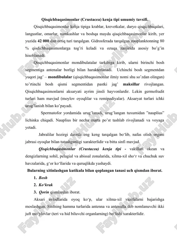 deb nomlanuvchi ikki juft mo‘ylovlar (teri va hid biluvchi organlarning) bo‘lishi xarakterlidir. suvda yashovchilarida oyoqlar bilan tutashgan maxsus nafas olish organlari jabralar rivojlangan, ba’zilarida esa bu organ burtmalar, kurakchalar, o‘simtalar shaklida bo‘ladi. bir qancha turlarida esa jabralar yo‘qolib teri orqali nafas oladi. sezuv organlari (“murakkab yoki sodda ko‘zlar, teri, hid sezuv va muvozanat organlari”) va m.n.s.si yaxshi taraqqiy etgan. hamma avlodlari ayrim jinsli. jinsiy ko‘payadi. hammasida “neupleus” deb ataluvchi lichinka davri bo‘ladi. ahamiyati – qisqichbaqasimonlar, baliqlar va boshqa suv hayvonlarining asosiy ozig‘i hisoblanadi. zooplanktonning 90% ini tashkil etadi. insoniyat oziqa sifatida foydalanadi. qisqichbaqasimonlar kenja tipi – 6 ta sinfga bo‘linadi. 1. remipedia sinfi. 2. cehpalocarida sinfi. 3. jabraoyoqlilar (anostraca) sinfi. 4. bargoyoqlilar (phyllopoda) sinfi. 5. yuksak qisqichbaqasimonlar (malacostraca) sinfi. 6. jag‘oyoqlilar (maxillopoda) катта sinfi. copepoda sinfi. remipedia va cehpalocarida sinfi. remipediyalar ( remipedia ) - remipediyalar ilk bor 1981 – yilda kashf qilingan bo’lib, ularni yer yuzida 10 ta turi …