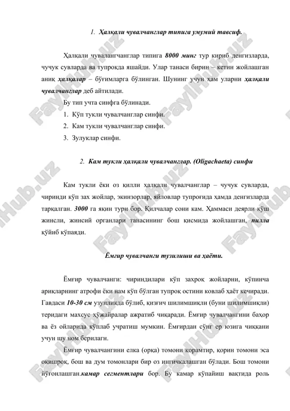вдаси бир-бирига зич ёндашган бир қават ҳўжайралар билан қопланган. чувалчанг терисининг устки қисми, кутикула билан қопланиб, унинг остидаги бир қаватли эпителияга ҳалқали мускуллар, уларга эса жуда яхши ривожланган чўзиқ мускуллар ривожланган. кутикулада бир ҳўжайрали шилимшиқ безлар жуда кўп бўлади. кутикула ёмғир чувалчангини ички органларини ташқи муҳитдан сақласа, шилимшиқ модда терини қуришдан сақлайди. овқат ҳазм қилиш системаси – узун найдан иборат бўлиб, олдинги учида оғиз тешиги жойлашган. оғиздан-ҳалқум бошланади. ҳалқум – қизилўнгачга, қизилўнгач охири кенгайиб жиғилдон ҳосил қилади. бу ерда озиқ намланади ва юмшайди. озиқ жиғилдондан мускулли “ошқозонча” га тушади, бу ерда эзилади, бундан сўнг ичакка тушади, ичакнинг охирги қисм орқа чиқарув тешиги аналь билан томомланади. қон айланиш системаси – ёмғир чувалчанги – қон айланиш системаси бўлиши билан ясси ва юмалоқ чувалчанглардан фарқ қилади. агар ёмғир чувалчангининг устки (елка) томонига диққат билан қаралса тери остига узунасига кетган ингичка қизил найчани кўриш мумкин. бу елка қон томирларидир. у ҳазм системасининг устида ётади …