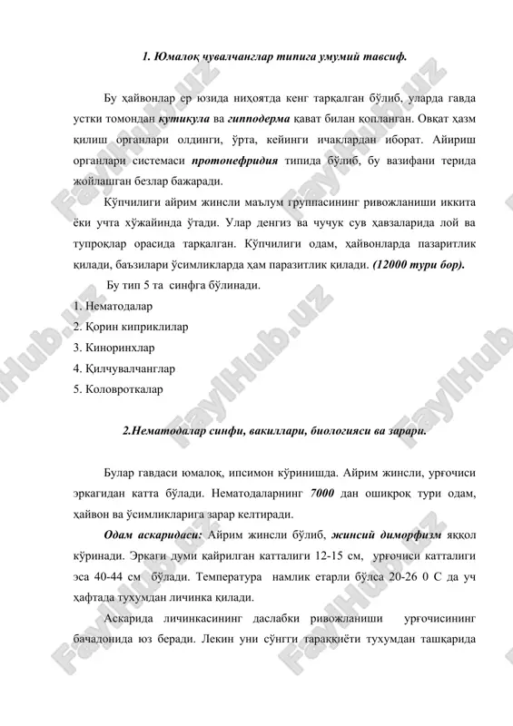 қизилўнчаг, ошқозон, ингичка ичакка тўхтайди, катта аскаридага айланади. одам аскаридаси ҳўжайинсиз ривожланади. 7 йилгача ҳаётийлиги (тухумларни) сақланади. одамда миграция қилади. ичак деворини тешиб қонга ўтади. қон оқими орқали жигарга, юракка, ўпкага алвеолаларни тешиб буронхларга ва ҳалқум орқали овқат ҳазм қилиш системасига ўтади. шу тариқа личинка яна ошқозонга тушади ва ингичка ичакка ўрмалаб ўтади. 63-84 кундан кейин 40 см ли етук аскаридага айланади. миграцияси 10-12 кун, 11-12 ой умр кўради. 200 000 донагача бир суткада уруғланган тухум қўяди. одамга, болаларга ҳар хил ёъллар билан юқади. бундан ташқари чўчқа аскаридаси, от аскаридаси, товуқ аскаридаси ҳам ўчрайди. остритса – одам ва ҳайвонларни майда паразити, катталиги одам остритсаси (2см) гача от остритсаси 18 см гача боради. хўжайин ёъғон ичагида яшайди. ришта – вояга етган даврда одамнинг терисида паразитлик қилувчи 1-1,2 мл узунликдаги ипсимон чувалчанг. африка (нил воҳаси, шқ.афр) ва осиё (эрон арабистон) да тарқалган бу паразит кўпинча оёқнинг тери остида тўпланади ва тўқималарда жароҳат …