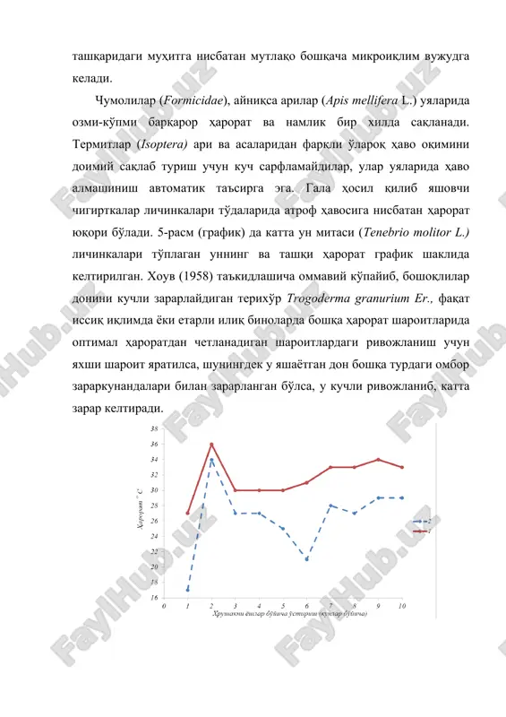 ҳарорат юқори бўлади. 5-расм (график) да катта ун митаси (tenebrio molitor l.) личинкалари тўплаган уннинг ва ташқи ҳарорат график шаклида келтирилган. хоув (1958) таъкидлашича оммавий кўпайиб, бошоқлилар донини кучли зарарлайдиган терихўр trogoderma granurium er., фақат иссиқ иқлимда ёки етарли илиқ биноларда бошқа ҳарорат шароитларида оптимал ҳароратдан четланадиган шароитлардаги ривожланиш учун яхши шароит яратилса, шунингдек у яшаётган дон бошқа турдаги омбор зараркунандалари билан зарарланган бўлса, у кучли ривожланиб, катта зарар келтиради. 5-расм. катта ун хрушагининг ҳаётий фаолиятитуфайли ун ҳароратининг ўзгариши (олли, эмерсон, о.парк, т.парк ва шмидт бўйича): 1-хрушак личинкалари ўстирилган ун орасидаги ҳарорат, 2-ташқи ҳарорат бундан ташқари, маълум комплексга кирувчи турлар, тўғридан–тўғри ёки билвосита конкуренция, паразитизм, йиртқичлик ва бошқа антагонистик биотик алоқалар туфайли улар ўзаро индивидлар сонини чеклайди. шу сабабли алоҳида тўдалар орасида бирлашиш туфайли озми-кўпми ўзаро миқдорий типик, айрим турлар эҳтиёжини қондирадиган нисбат юзага келади. табиий организмлар комплексининг шаклланиши, “тур ҳосил бўлишига ўхшаш, табиий танлашга йўналтирилади” (гиляров, 1961). тупроқ ва …