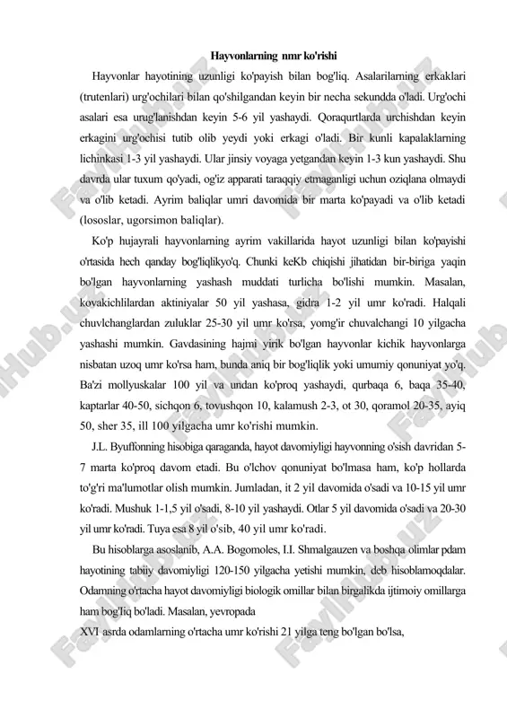 i. bu hisoblarga asoslanib, a.a. bogomoles, i.i. shmalgauzen va boshqa olimlar pdam hayotining tabiiy davomiyligi 120-150 yilgacha yetishi mumkin, deb hisoblamoqdalar. odamning o'rtacha hayot davomiyligi biologik omillar bilan birgalikda ijtimoiy omillarga ham bog'iiq bo'ladi. masalan, yevropada xvi asrda odamlarning o'rtacha umr ko'rishi 21 yilga teng bo'lgan bo'lsa, xvii asrda 26 yilga, xviii asrda 34 yilga, xx asrning boshlarida 50 yilga yetgan. yer shari aholisining o'rtacha hayot uzunligi ko'plab biologik va ijtimoiy omillar bilan belgilanadi. turmush tarzi, yuqumli kasalliklar, bolalar o'limi, urushlar, iqtisodiy omillar shular jumlasidandir. xix asrning birinchi yarmida manchester shahri burjuaziya aholisining o'rtacha hayot uzunligi 38 yilga teng bo'lgan bo'lsa, ishchnarning o'rtacha yoshi 17 yil bo'lgan. liverpul shahrida esa bu ko'rsatkich 35 va 15 yilga teng bo'lgan. ijtimoiy omillaming hayot uzunligiga ta'sirini rossiya aholisi misolida ham ko'rish mumkin. rossiyada xx asrning boshlarida hayotning uzunligi o'rtacha 34 yil bo'lgan bo'lsa, xx asrning oxirlariga kelib bu ko'rsatkich 68-70 yilga yetgan. odam …