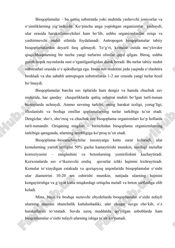 olib keladi. mina, buya va boshqa suzuvchi obyektlarda bioqoplamalar о‘sishi tufayli ularning massasi shunchalik kattalashadiki, ular chuqur suvga chо‘kib, о‘z harakatlarini tо‘xtatadi. suvda uzoq muddatda qо‘yilgan asboblarda ham bioqoplamalar о‘sishi tufayli ularning ishiga ta’sir kо‘rsatadi. baliqchilarning tо‘rlari haftalab yoki bir kunda bioqoplagichlar bilan shunday og‘irlashishi mumkinki, natijada tо‘rlarni kо‘tarish og‘irlashadi yoki ularni butunlay chо‘ktiradi, baliqchilar tо‘rlarni kо‘tarishda og‘ir ahvolga tushadilar, ayrim hollarda qisqichbaqalar balyanuslarning о‘tkir qismiga tegib, hatto qо‘llarini jarohatlashlari ham mumkin. bizning hududda dengizlar yо‘qligi (hozirgi kunda orol dengizida qatnovchi kemalar mavjud emas) sababli bioqoplovchi organizmlar xususida ma’lumot yо‘q. biroq ushbuni aytish о‘rinliki, bizda shо‘rroq va chuchuk suvlarda sirdaryo va amudaryoning sekin oqar orol oldi hududlarida bioqoplamachilar uchraydi. xususan orol oldi hududlaridagi deltalardagi kо‘llar, daryolarning suvlarida va orol suvining chuqur bо‘lmagan rayonlarida ikki pallali mollyusklarning dreyssenidlar – dreissenidae oilasi kenja turlari yashaydi. ular quyidagilar – dreissena polymorpha aralensis, d. p. obtusicarinata (starobogatov, 1974; izzatullayev, 1987) (56 rasm). bu ikki …