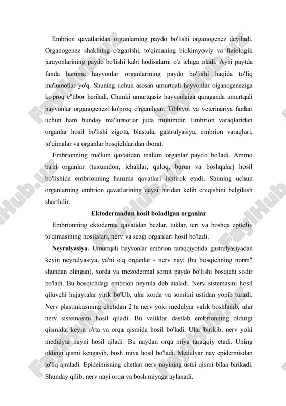 smida, keyin o'rta va orqa qismida hosil bo'ladi. ular birikib, nerv yoki medulyar nayni hosil qiladi. bu naydan orqa miya taraqqiy etadi. uning oldingi qismi kengayib, bosh miya hosil bo'ladi. medulyar nay epidermisdan to'liq ajraladi. epideimisning chetlari nerv nayining ustki qismi bilan birikadi. shunday qilib, nerv nayi orqa va bosh miyaga aylanadi. nerv nayi oldingi qismining turh joylarining notekis o'sishi tufayli har xil kattalikdagi kengaygan joylar paydo bo'ladi (83-rasm). ayniqsa, 3 ta: oldingi, o'rta va orqa miya pufagi hosil bo'ladi. oldingi miya pufagi keyinchalik katta miyaga yoki oxirgi miyaga va oraliq miyaga aylanadi. o'rta miya pufagidan o'ladi, orqa miya pufagidan miyacha, miya ko'prigi va uzunchoq miya hosil bo'ladi. oraliq miyaning pastki qismidan gipofiz, devoridan esagipotalamus va epifiz bezlari paydo bo'ladi. nerv sistemasining murakkabligiga qarab har xil hayvonlarda markaziy nerv sistemasining o'ziga xos anatomik, gistologik xususiyatlari paydo bo'lgan. qon aylanish sistemasi 81-rasm. umurtqali hayvonlar embrion varaqlaridan organlarning hosil bo'lish bosqichlari (m.zusman, …