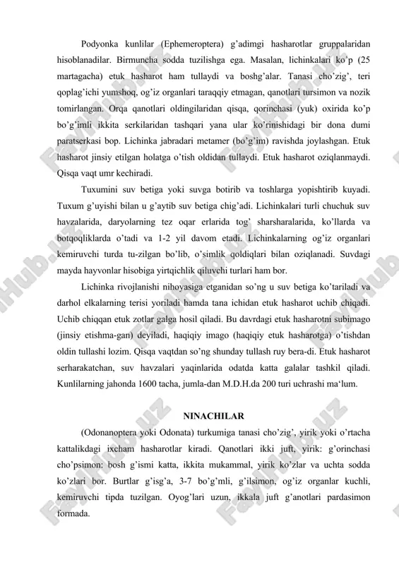 ga tanasi cho’zig’, yirik yoki o’rtacha kattalikdagi ixcham hasharotlar kiradi. qanotlari ikki juft, yirik: g’orinchasi cho’psimon: bosh g’ismi katta, ikkita mukammal, yirik ko’zlar va uchta sodda ko’zlari bor. burtlar g’isg’a, 3-7 bo’g’mli, g’ilsimon, og’iz organlar kuchli, kemiruvchi tipda tuzilgan. oyog’lari uzun, ikkala juft g’anotlari pardasimon formada. tuxumlarini suvga, suv o’simliklariga, ko’piksimon chiqindi ichiga va boshg’a joylarga joylashtirib g’uyadi. lichinka tez oqar va oqmas suvda rivojlanadi va o’rmalab yoki suzib harakatlanadi. tuzilish jihatidan nayad o’simligi tipidagi lichinkalardandir. pastki labi juda hajmli, tutgich organi (maska) o’lja tomon cho’ziladi, tinch vaqtida esa boshini past tomondan yopib turadi. lichinkalar turli mayda suv hayvonlari, jumladan chivinlar, kunlilar, boshg’a tur ninachilar lichinkalari va hokazolar bi​lan ozig’lanadi. ninachilar lichinkalari o’z navbatida baliklar uchunozig’ hisoblanadi. ninachilar (turli mayda) lichinkalari juda xura bo’lib, suv ichida g’ayta-g’ayta tullab tez rivojlanadi. sekin-asta temir g’anotlar paydo bo’lib boradi, nihoyat oxirgi marta tullash oldidan ular o’simliklarning suvdan tashg’ariga chig’ib turgan g’ismiga ko’tariladi va …