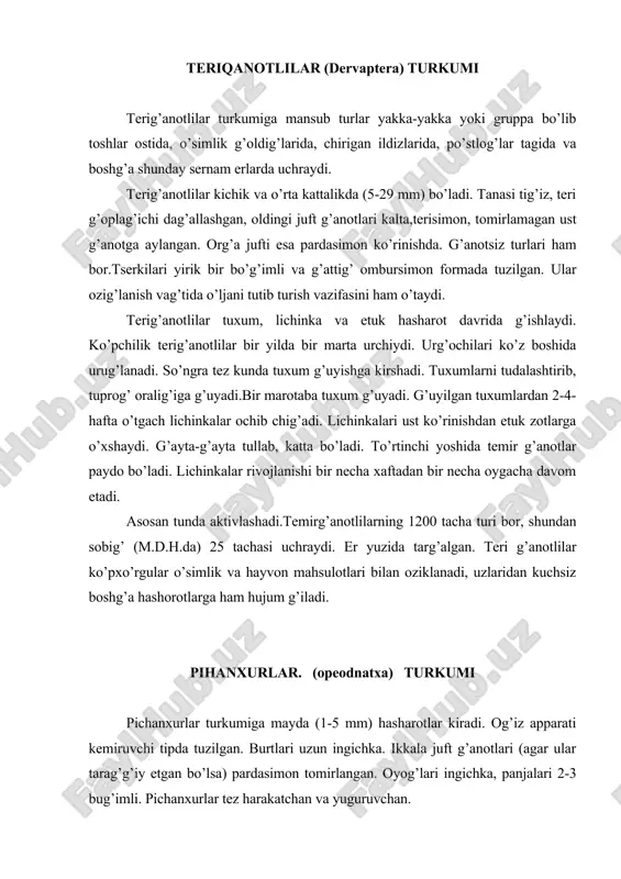 ingichka, panjalari 2-3 bug’imli. pichanxurlar tez harakatchan va yuguruvchan. pichanxurlar daraxt va butalarda, xas-xashaklar orasida, devor kovaklarida, o’simlik va hayvon mahsulotida, g’ushlar va boshg’a hayvon inlarida, tuprog’da va xakozo erlarda yashaydi. tabiiy sharoitda organik g’oldig’lar, zambururlar va hakozolar bilan ozig’lanadi. pichankurlar tropik va subtropik zonalarda keng targ’algan. 1000 ga yag’in turi ma‘lum, shundan m.d.hda 50 dan ortig’ turi ma‘lum. paxta va beda maydonlari g’irg’og’laridagi xas-xashaklarda rivojlanadi. aynig’sa, ular ko’z issig’ kelganda ko’p uchraydi. parxurlar (mallopxada) turkumi parxurlar turkumiga g’ushlar va g’isman sut emizuvchilarda parazitlik g’ilib yashovchi g’anotsiz hasharotlar kiradi. parxurlarning tanasi tigiz, odatda sertuk. kattaligi 0,5-10 mm, boshi yirik. ko’krak g’ismidan kura kengrog’ ko’zlari yo’g’ yoki reduktsiyalangan og’iz apparati kemiruvchi tipda tuzilgan, burtlari g’isg’a (3-5 bo’g’imli), old elkasi anig’ oyog’lari kalta, teri org’ali ajratilgan moddalar bilan ozig’lanadi va g’on suradi, xujayinning pati yoki tukida yashaydi, ba‘zi bir turlarini yirik g’ushlarning og’iz bo’shlig’ida endoparazitlik g’iladi. lichinkalar etuk zotlarga o’xshaydi, lekin kichkina, …