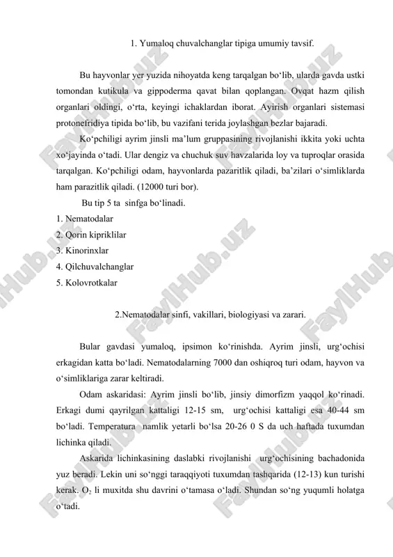 nga va qon orqali hamma organlar aylanib chiqadi. “migratsiya” si о‘pka alviolasi, bronxlar, traxeya, kekirdak, halqum, qizilо‘nchag, oshqozon, ingichka ichakka tо‘xtaydi, katta askaridaga aylanadi. odam askaridasi hо‘jayinsiz rivojlanadi. 7 yilgacha hayotiyligi (tuxumlarni) saqlanadi. odamda migratsiya qiladi. ichak devorini teshib qonga о‘tadi. qon oqimi orqali jigarga, yurakka, о‘pkaga alveolalarni teshib buronxlarga va halqum orqali ovqat hazm qilish sistemasiga о‘tadi. shu tariqa lichinka yana oshqozonga tushadi va ingichka ichakka о‘rmalab о‘tadi. 63-84 kundan keyin 40 sm li yetuk askaridaga aylanadi. migratsiyasi 10-12 kun, 11-12 oy umr kо‘radi. 200 000 donagacha bir sutkada urug‘langan tuxum qо‘yadi. odamga, bolalarga har xil yo’llar bilan yuqadi. bundan tashqari chо‘chqa askaridasi, ot askaridasi, tovuq askaridasi ham о‘chraydi. ostritsa – odam va hayvonlarni mayda paraziti, kattaligi odam ostritsasi (2sm) gacha ot ostritsasi 18 sm gacha boradi. xо‘jayin yo’g‘on ichagida yashaydi. rishta – voyaga yetgan davrda odamning terisida parazitlik qiluvchi 1-1,2 ml uzunlikdagi ipsimon chuvalchang. afrika (nil vohasi, shq.afr) …