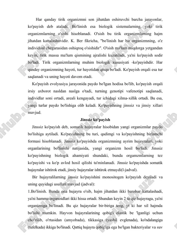 a teng, yt ki har xil hajmda bo'lishi mumkin. hayvon hujayralarining qobig'i elastik be 'lganligi uchun cho'zilib, o'rtasidan (amyobada), tikkasiga (yashil evglenada), ko'ndalangiga (tufelkada) ikkiga bo'linadi. qattiq hujayra qobig'iga ega bo'lgan bakteriyalar va suv o'tlari o'z holatini o'zgartirmasdan, hujayra markazidan to'siq hosil qiladi va ikkiga bo'linadi. mitoz kolonial formalarda hujayraviy va kolonial bosqichlarda amalga oshadi. hujayraviy bo'linish natijasida koloniya a'zolarining soni ortadi va koloniya kattalashadi. 2. ko'p bo'linish (shizogoniya). bunda, awal yadro kp bo'laklarga bo'linadi, keyin sitoplazma har bir yadroning atrofini o'rab oladi va ularning har bin mustaqil hujayraga-organizmga aylanadi. shu yo'l bilan bitta hujayradan bir qancha hujayralar hosil bo'ladi. suv o'tlarida, zamburug'larda, sodda hayvonlardan sporalilarda ko'payishning shu turi uchraydi. jumladan, calorogonium suv o'ti ellipssimon shaklga ega bo'lib, uchidaikkita chiviqsimon xivchini bor. bu o'simlik oldin o'z miqdoriga nisbatan 4 marta kattalashadi, so'ngra bo'linib, 4 ta qiz hujayra hosil qiladi. sporalilar, jumladan, bezgak kasalligini qo'zg'atuvchilar plasmodium avlodining turlari odam qonining tarkibidagi …