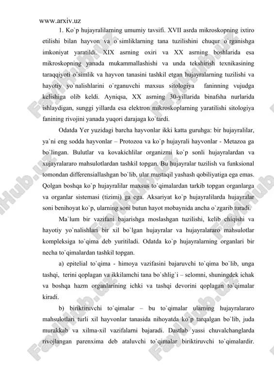 va ikkilamchi tana bo`shlig`i – selomni, shuningdek ichak va boshqa hazm organlarining ichki va tashqi devorini qoplagan to`qimalar kiradi. b) biriktiruvchi to`qimalar – bu to`qimalar ularning hujayralararo mahsulotlari turli xil hayvonlar tanasida nihoyatda ko`p tarqalgan bo`lib, juda murakkab va xilma-xil vazifalarni bajaradi. dastlab yassi chuvalchanglarda rivojlangan parenxima deb ataluvchi to`qimalar biriktiruvchi to`qimalardir. yuqori darajada tashkil topgan hayvonlardagi qon hosil qiluvchi organlar - taloq, jigar va hokazolar shu xil to`qimalardan tashkil topgan. v) muskul to`qimalari ba`zi kovakichlilar va barcha yassi chuvalchanglardan boshlab rivojlangan bo`lib, hayvonlarda eng muhim harakat vazifasini bajaradi, ular qisqarish va cho`zilish xususiyatiga ega (muskul to`qimalari faqat nerv tolalari ta`sirida qisqaradi, harakatlanadi). ushbu to`qima asosan mezodermadan, ba`zi organlarda esa entodermadan rivojlanadi. g) nerv to`qimasining rivojlanishi kovakichlilardan boshlanadi va yuqori darajada rivojlangan ko`p hujayralilarda takomillashib boradi. tuban kovakichlilarda (gidralarda) u yulduzsimon nerv hujayralardan tashkil topgan va tarqoq joylashgan, ya`ni markazlashmagan shu sababli ularda ta`sirot juda sekin tarqaladi, ssifomeduzalar va aktiniyalarda …