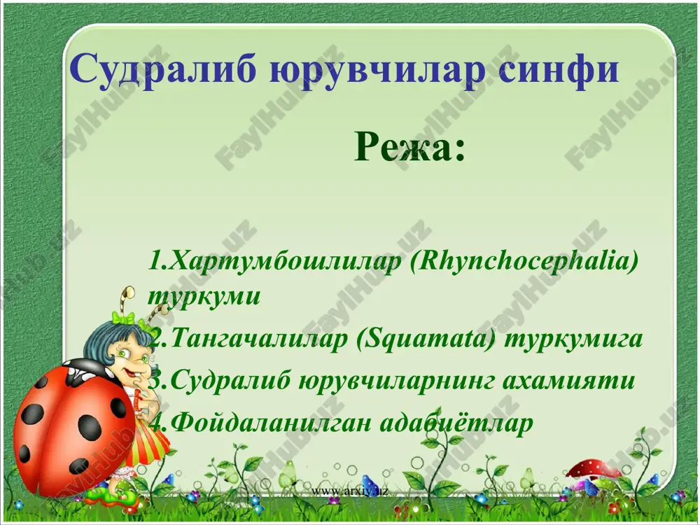 қсизлари ҳам бор. лекин оёқсиз калтакесакларда илонлардагига қарши ўлароқ тўш суяги, оёқ камари, ҳаракатчан кўз қовоқлари ва ноғора пардаси бўлади. калтакесакларнинг 2500 дан ортиқ тури бор. калтакесакларнинг кўпчилиги мдҳнинг жанубий ҳудудларида яшаса, тирик туғар калтакесак билан тез калтакесак ўрта ва шимолий минтақаларда тарқалган. марказий осиё чўлларида ҳар хил тўгарак бошлар, кечаси фаол ҳаёт кечирадиган гекконлар, кулранг эчкиэмар, агамалар ва бошқалар яшайди. калтакесакларга яна учар аждодлар, игуаналар, урчуқсимонлар, заҳартишлилар, сцинклар оилалари вакиллари ҳам киради. ziyo kelajak www.arxiv.uz www.arxiv.uz 2. илонлар (ophidia) кенжа туркуми вакилларининг гавдаси узун цилиндр шаклида бўлиб, деярли қисмларга бўлинмаган. оёқлари йўқ. қовоқлари ўзаро қўшилиб кетиб, юпқа парда ҳосил қилади. ноғора пардаси йўқ. ўпкаси тоқ, буйраклари тасмасимон чўзиқ. жағ аппаратининг суяклари (танглай, қанотсимон ва тангачасимон) ўзаро ҳаракатчан қўшилган. шу сабабли илонлар ўз ўлжаларини бутунлай ютади. бўғма илонлар ўлжасини гавдаси билан ўраб олиб бўғади. заҳарли илонлар эса ўлжасини заҳари билан ўлдиради. ziyo kelajak www.arxiv.uz www.arxiv.uz заҳарли илонларни устки 2-та тиши …