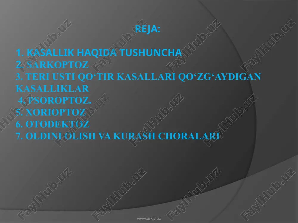 o‘l (galereya) qiladi va shu yerda yashaydi. bu joyga urg‘ochi kana 40—50 ta tuxum qo‘yadi (93-rasm). shundai keyin oradan 5 kun o‘tgach, tuxumlardan olti oyoqli lyachinkalar chiqadi, ular tezda oziqlanib, yana 3—5 kundan kyoyin anabioz holatiga o‘tadi. ular ikkinchi tullab bo‘lganidan keyin yetuk urg‘ochi kanaga aylanadi. qichima qo‘tir kanalarining tuxumdan tuxumgacha rivojlani- shi uchun 2—3 hafta, o‘rta hisobda 15 kun o‘tadi. kanalar juda tez ko‘payadi. bitta urg‘ochi kanada qulay sharoitda 3 oy ichida 1,5 mln kana paydo bo‘ladi. odatda urg‘ochi kanalar erkak kana- larga nisbatan ko‘n bo‘ladi va taxminan 6—8 hafta yashaydi. tashqi muhitda havoning namligi va issiqlik darajasiga qa- rab qichima qo‘tir kana taxminan 21 kun och yashay oladi. shuningdek, qichima qo‘tir kanalar qurg‘oqchilikka ham chidamsizdir. ma- salan ular harorat 50°—80° ga yetganda 30—40 daqiqada o‘ladi. www.arxiv.uz 1-rasm. qichima qo‘tir kanasi yearkoptes. a — urg‘ochisi (dorsal sathi) b — erkagi (ventral sathi) 2-rasm. qichima qo‘tir kana — sarkoptes terining …