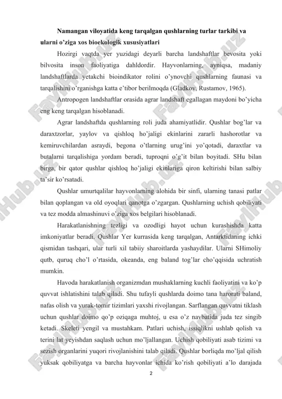 rning kuchli faoliyatini va ko’p quvvat ishlatishini talab qiladi. shu tufayli qushlarda doimo tana harorati baland, nafas olish va yurak-tomir tizimlari yaxshi rivojlangan. sarflangan quvvatni tiklash uchun qushlar doimo qo’p oziqaga muhtoj, u esa o’z navbatida juda tez singib ketadi. skeleti yengil va mustahkam. patlari uchish, issiqlikni ushlab qolish va terini lat yeyishdan saqlash uchun mo’ljallangan. uchish qobiliyati asab tizimi va sezish organlarini yuqori rivojlanishini talab qiladi. qushlar borliqda mo’ljal qilish yuksak qobiliyatga va barcha hayvonlar ichida ko’rish qobiliyati a’lo darajada rivojlangan. eshitish qobiliti ham juda zo’r rivojlangan. qushlarda alohida geografik joylanish sezgisi mavjud, shu vaqtgacha uning ishlash mexanizmi oxirigacha o’rganilmagan. bu sezgi uchib o’tadigan qushlarga qishlash uchun uzoq migratsiya qilishni va hatosiz qaytish yo’lni, o’z inini topishga yordam beradi. amfibiya, sudralib yuruvchilar va boshqa sut emizuvchi hayvonlarda tabiatdagi sharoitlarda tana harorati pasayishi yoki tushib ketishi mukin, ovqat yeyish kamayadi, hayotiy jarayonlari sustlashib, uyquga ketadi. qushlarda esa atrofdagi sharoitning o’zgarishi …