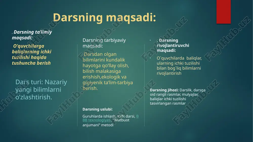 a`ni yoylaridan iborat bo`ladi. har bir ravoqning keyingi tomonida och qizg`ish tusli jabra varaqlari, oldingi tomonida jabra qilchalari joylashgan. jabra qilchalari suv bilan oqib keladign oziqning tashqariga chiqib ketishiga yo`l qo`ymaydi. jabra varaqlari juda mayda kapillar qon tomirlari bilan ta`minlangan. jabralardan o`tayotgan suvdan kislorod jabra varaqlari kapillarlaridagi qonga shimiladi ; karbonat angidrid esa qondan suvga ajralib chiqadi. baliqlarning qon aylanish sistemasi yurak, qorin va orqa aortalari, arteriya, vena va kapillarlardan iboat. yuragi yurak qorinchasi va bo`lmachasidan iborat bo`ladi. yurakdan chiqadigan qon tomirlari arteriyalar, yurakka keladigan qon tomirlari vena deyiladi. zog`ora baliqning yuragi jabralardan keyinroqda joylashgan bo`ladi. baliqlarning yurak bo`lmasi va qorinchasining galma-galdan qisqarishi tufayli qon yurak bo`lmasidan qorinchasiga, undan qorin aortasiga, undan jabra arteriyalarga, undan kapillarlarga o`tadi. shu tariqa qon butun tana bo`ylab oqadi. e’tiboringiz uchun rahmat. image6.jpeg image7.jpeg image8.jpeg image2.png image3.png image4.png image5.png
