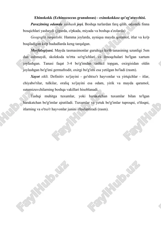 yuqadi. odam exinokokkoz tarqalishida ishtirok etmaydi. patogen ta'siri. finnadan ajralgan zararli metabolitlar organizmga zaharli ta'sir etadi, finnalar yashaydigan a'zolar funksiyasi buziladi. laboratoriya tashxisini qo'yish uchun ultra tovush, rentgen va boshqa hozirgi zamon usullarida tekshiriladi, immunologik va allergik tekshirishlar ham yaxshi natija beradi. profilaktikasi. shaxsiy profilaktika - itlar va boshqa hayvonlar bilan muloqatda bo'lgandan keyin albatta qo'lni yaxshilab yuvish zarur. jamoat profilaktikasi - daydi itlarni yo'qotish, itlarni doimo veterinar ko'rigidan o'tkazib turish, kasal itlarni degelmintizatsiya qilish, finnalar bilan zararlangan a'zolarni itlarga berilishiga yo'l qo'ymaslik, go'sht kombinatlarida veterinariya nazoratini yo'lga qo'yish, exinokokkoz ko'p tarqalgan hududlarda aholini tibbiy ko'rikdan o'tkazib turish orqali amalga oshiriladi. alveokokk (alveococcus mulmilocularis) alveokokkoz qo'zg'atuvchisi. parazitning odamda joylashishi - asosan exinokokknikiga o'xshaydi. geogrqfik tarqalishi. evropa, shimoliy amerika, osiyo (markaziy osijo, sibir') hududlarida tarqalgan. tabiiy-manbali kasallik hisoblanadi. morfologiyasi. yetuk shakli asosan exinokokka o'xshaydi, lekin undan kichikroq o'lchami, bachadonining sharsimon shakli, skoleksida ilmoqlar soni bilan farqlanadi. alveokokkning finnasi ichida exinokokkdan farq …