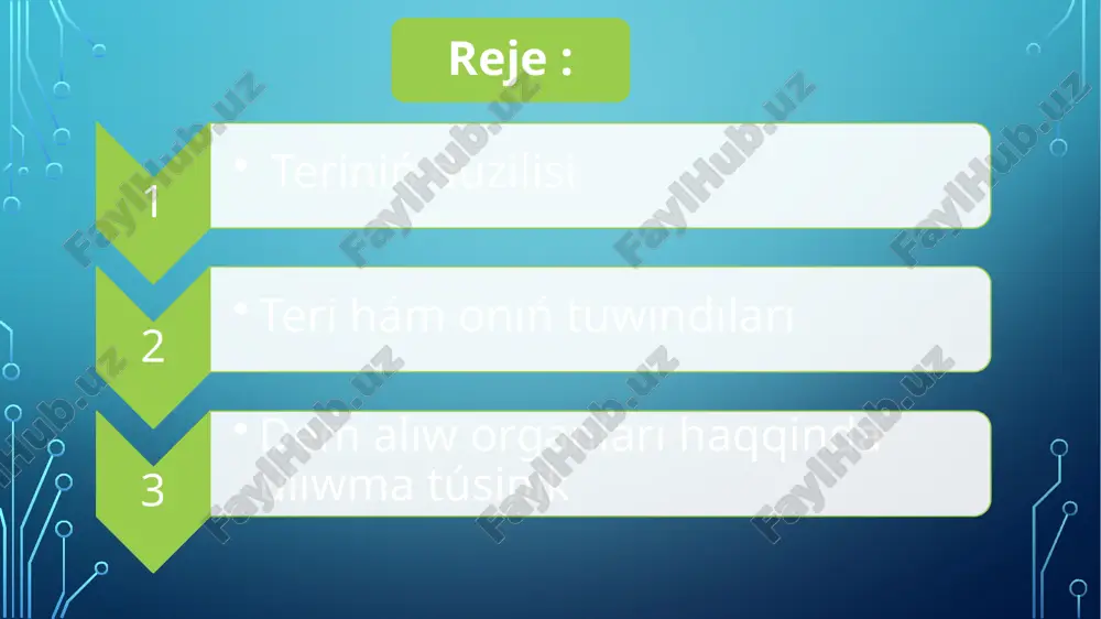 ń sorǵıshinda, kóz kirpiklerinde, máyeklik qaltasında ushırasadı. 3. teri astı qabatı- subcutis tiykargi teriniń astında jaylasıp, siyrek biriktiriwshi toqımadan dúzilgen. teriniń háreketi, sozılıwshańlıǵı usı qatlamnıń dúzilisine baylanıslı. teri tuwındıları 1. túk talshıqları (shash, jún) 2. shax, jumsaq taban, tırnaqlar 3. bezler (ter, may, sút bezleri) dem alıw organları organizm menen sırtqı ortalıq ortasındaǵi gazler almasiwin támiyinleydi.qurǵaqlıqta jasaytuǵin haywanlar hawadaǵi kislorod penen,suwda jasaytuǵin haywanlar bolsa suwda erigen kislorod penen dem aladı.dem alıw organları gazler almasiwdan basqa bir neshe funkciyalardi atqaradı:murın boslıǵı iyis biliw,kómekey ses shıǵarıw, ókpe bolsa suwdi parlandiriw wazıypasın atqaradı dem alıw organları basqa organlar (as sińiriw,nerv sisteması) menen tiǵiz baylanıslı boladı.ókpege túsken kislorod qan quramina ótedi hám onıń formali elementleri-eritrocitler arqalıpútkil organizm toqımalarina tarqalıp zat almasiwda (karbonat angidridıń sırtqa shiǵaradi) áhmiyetli orindi iyeleydi.dem alıw sistemasıń orayıuzınsha miyde jaylasadı. ókpe jup organ bolıp, kókirek qápesinde, jabıq quwıslıqta jaylasadı.ol konus tárizli bolıp, ústińgi bólimi-úshı,tómengi bólimi-tiykarı delinedi. ókpe arqalıgaz almasılıp turıwı ushın …
