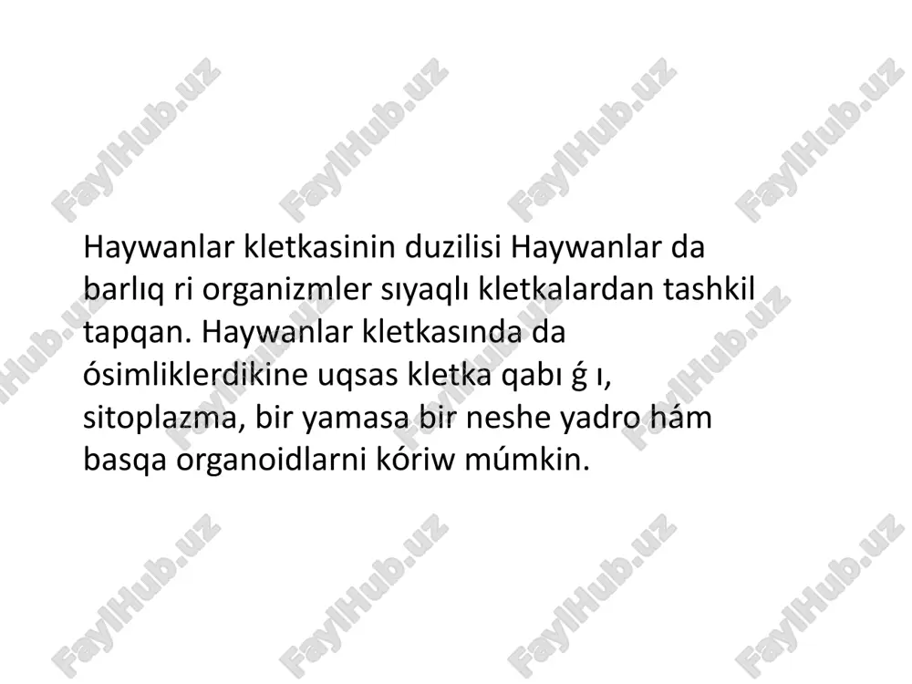 ikalıq zatlar esabına, ya ǵ nıy geterotrof turmıs keshiredi. kópshilik haywanlar jasıl ósimlikler yamasa ulaming qaldıg'i menen azıqlanadı. olar o'txo'r haywanlar esaplanadı. basqa haywanlar esabına azıqlanıwshı haywanlar eki úlken gruppa ǵ a : jırtqıshlar hám parazitlarga bólinedi. paydalinlgan adebiyatlar s.dadayev, o.mavlonov zoologiya image1.png image2.jpeg image3.png