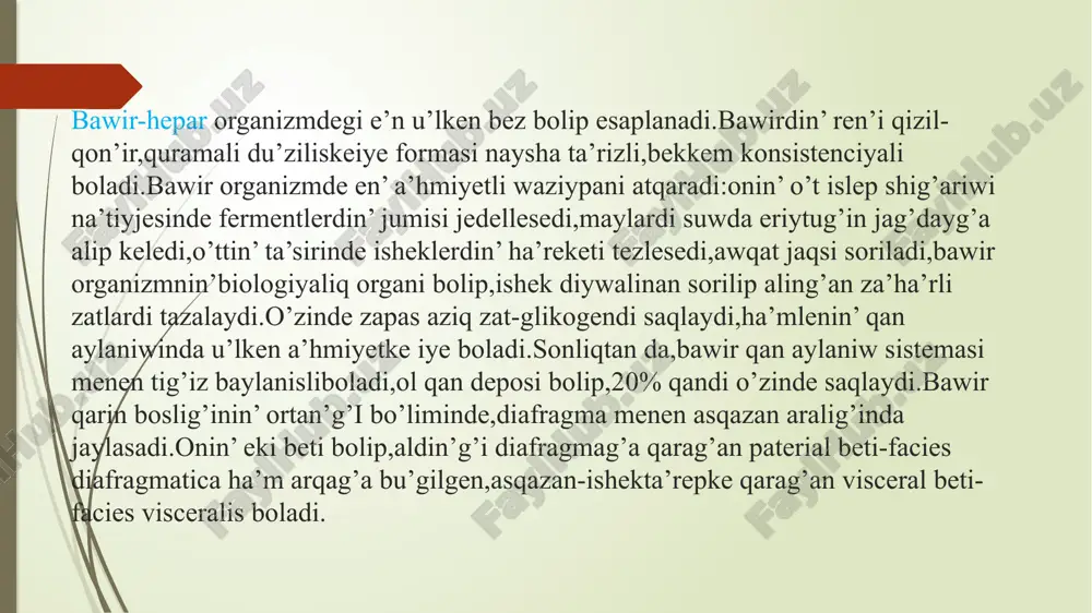 y-nc-nd bawirdin’ haywanlarda o’zgeshelikleri awirlig’i 4,5-10 kg awirlig’i 3,4-9,2 kg awirlig’i 725 kg asqazan asti bezi asqazan asti bezi –pancreas silekey bezine uqsas du’ziliske iye bolip,da’slep bul bezdi ilimpazlar oni qarinnin’ silekey bezi dep atag’an.1901-jili rus ilimpazi l.v.sobolev bul bezdin’ funksiyasin aniqlag’an,keyinirek bul bez eki funksiyaniatqaratug’inlig’i ma’lim bolg’an.asqazan asti bezi sirtqi ha’m ishki funksiyani atqaradi.bez bawirdin’ u’stireginde,on eki barmaq ishektin’ s ta’rizli bu’rmesinde jaylasadi. asqazan asti bezinin’ haywanlarda o’zgesheligi asqazan asti bezi gu’yis qaytariwshi haywanlarda xii ko’kirek ha’m ii-iv bel omirtqalari tusinda,juwan ishektin’ labirinyinde jaylasip,salmag’i 350-500gr,qara ko’l qoylarinda 50-70 gr boladi.shoshqalarda en’ aqirg’i ko’kirek omirtqalari ha’m i-iii bel omirtqasinin’ tusinda jaylasip, salmag’i 110-150 gr boladi.taq tuyaqli haywanlarda asqazan asti bezi bas,ortan’g’i ha’m quyriq bo’limlerine bo’linedi ha’m asqazan,talaq ha’m shep bu’yrek arasinda jaylasadi.bezdin’ bas bo’limi on’ bu’yrekke shekem baradi,salmag’i 250-350 grg’a shekem boladi. diqqatlarin’iz ushin raxmet!!! image1.jpg image2.jpg image3.jpeg image4.jpg image8.jpg