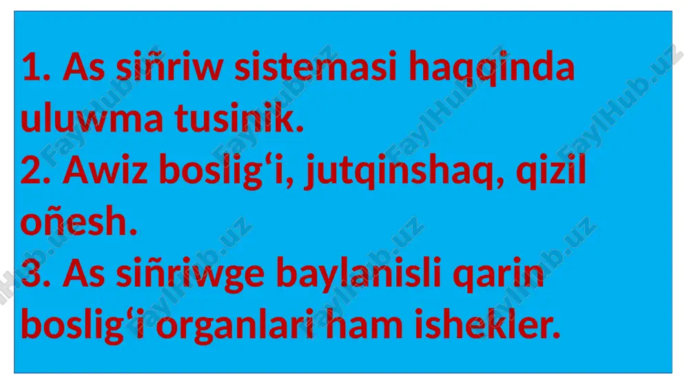 rdiñ jutqinshagʻi qisqa ham keñ boʻlip 3 dana toqimadan tuzilgen. atlarda jutqinshaq aldinnan arqagʻa tartilgʻan esaplanadi. qizil oʻñesh – sut emziwshi haywanlarda as siñriw sistemasinda jutqinshaq menen asqazandiñ oʻrtasinda turiwshi boʻlim. oʻl moʻyin, koʻkrek ham qaringʻa boʻlinedi. toʻmengi tarepi shep tarepke tartilgʻan boʻladi. shoʻshqa, siyir ham atlarda jutqinshaqtiñ tuzilisi. asqazan – haywanlarda aziqdi toplap turiwshi qalta tarizli organ. ol bir kamerali (atlarda, shoshqada, jirtqish haywanlarda) ham kop kamerali (gewis qaytariwshilarda) boʻladi. oniñ ishki silekeyli pardesi ayrim jagʻdaylarda qoʻrgʻawgʻawshi koʻp qabatli jalpaq epeteliy toqimalarindan tuzilgen boʻladi. bunday asqazan sut emziwshi haywanlarda exidna ham uyrek tumsiqlarda bar esaplanadi. qiriq qat – tor qarindan keyin jaylasgʻan qarin boʻlip ulken jastagʻi gewis qaytariwshilarda shargʻa uqsas biraq eki tarepi qisiq formada boʻladi. qiriq qatdiñ bulshiq et qabati boʻlip sirtgʻi qabati uzinsha ishki qabati kese bulshiq etlerden tuzilgen. ultabar – asqazandiñ bir boʻlimi boʻlip wazipasi koʻpligi sebepli haqiqiy asqazan depta aytiladi. fermentlik ham kislataliq zatlar isleb …