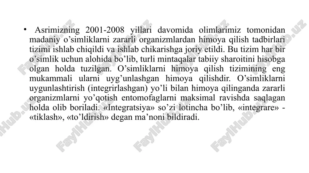 hlash. (g’o’za tunlami tuxumini yo’qotish maqsadida). agrotexnik va tashkiliy xo’jalik usulini qo’llashni ekin turlari bo’yicha tabaqalashtirish muhim ahamiyat kasb etadi. bu yerda har bir agrotexnik tadbirni zararli organizmlarning qaysi turiga konkret ta’sir etishiga ahamiyat beriladi. agrotexnik tadbirlarni noto’g’ri qo’llash zararli organizmlarning miqdorini ko’payishiga ham olib kelishi mumkin. agrotexnik tadbirlar tashkiliy xo’jalik tadbirlarni to’g’ri tashkillashtirish zararli organizmlarni yoppasiga ko’payishini oldini olish asosini tashkil etadi. o’zbekiston hududida, mdh davlatlarida, umuman jaxon miqyosida zararli organizmlarga qarshi kurashda chidamli navlar yaratishiga alohida e’tibor qaratiladi. seleksioner olimlar oldiga qo’yilgan vazifalardan biri ham ekinlarni zararkunanda va kasalliklarga chidamli navlarni yaratishdan iborat. chidamli navlar o’zlarini boshqa qimmatli xususiyatlari, (oqsil, yog’ miqdori, qand miqdori)ni ham yo’qotmasligi zarur. hozirgi paytda ayniqsa g’o’zani viltga, sho’rga, g’alla ekinlarini zang, qora kuya kasalliklariga, g’o’zani o’rgimchak kana, bitlar (shira)ga chidamli navlarni yaratish bo’yicha katta ishlarni olib borilmoqda. agrotexnik tadbirlar. bu usul har qaysi mintaqaning tuprok-iqlim sharoitini hisobga olgan holda, ishlab chiqilgan barcha agrotexnik …
