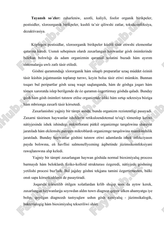 sı ózgeredi, nátiyjede góshning yetilishi procesi buz'ladı. bul jaǵday góshni tekǵana tamini ózgertirmesten, bálki onıń sapa kórsetkishlerin de pasaytiradi. joqarıda kórsetilib ótilgen xolatlardan krlib shıǵıp sonı da aytıw kerek, zaxarlangan haywanlarǵa soyıwdan aldın tuwrı diagnoz qoyıw úlken ahamyatga iye bolıp, qoyılǵan diagnozdı tastıyıqlaw ushın gósh ximiyalıq - júzimsikalogik, bakterialogig hám bioximiyalıq tekseriliwi shárt. - ximiyalıq -júzimsikologik tekseriwde labaratoryaga keltirigan zaxarli úlgiler tekseriledi, bunda qaysı pereparat menen zaxarlanganligi úlgi menen barlıq programma tiykarında keledi hám kórip shıǵıladı hám góshdagi muǵdarı anıqlanadı. - bakterialogik tekseriw alıp kelingen úlgi ds tiykarında bakterialogik tekseriledi. - bioximiyalıq tekseriw úlgilerdi alıp ph qıshqılanıwoza hám formalın reaksiyası qóyıladı. laboratoriya úlgilerin alıw hám jıberiw laboratoriyaǵa júzimsikologik tekseriw ushın quydagicha úlgiler alınadı : muskul, may toqımalardan hám bawır 200 gr den hám de as qazandı ishindegi ónimlerden jónetiledi. alınǵan úlgiler pergamant qaǵazǵa o'ralib, ústine etiketka jabıwtırıladı hám nomerlenedi (nomerlenedi) hám ulıwma paketke salınıp shpagat menen baylanısadı hám plomba etiledi. …