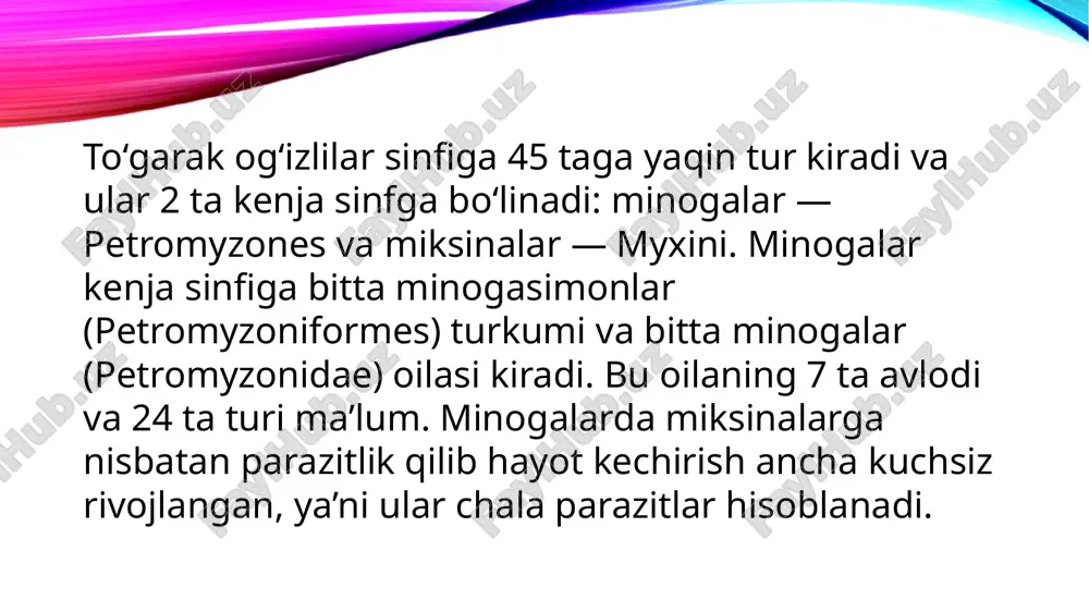 burun teshigi bilan tashqariga ochiladi. t o‘garak og‘izlilar embrionida dastlab ikkita hidlash kamerasi rivojlanadi va ulardan biri keyinchalik yo‘qolib ketadi. hid bilish organi to‘garak og‘izlilar hayotida oljasini (asosan baliqlar) topishda juda muhim ahamiyatga ega. minogalarning nafas olish akti ikki xil: erkin suzib yurgan minogalarda suv og‘iz bo‘shlig‘idan nafas nayiga, so‘ngra jabra xaltachasiga, keyin uning tashqi teshigi bilan tashqariga chiqaradi. minogalar ovqatlanish uchun o ‘ljasiga yopishganida og‘iz orqali suv kira olmaydi, natijada suv jabra xaltachasining tashqi teshigi orqali kirib yana shu teshik orqali tashqariga chiqib ketadi. har ikkala holda ham suvda erigan kislorod kapillarlardagi qonning pigmentlari bilan qo'shiladi va venoz qondagi karbonat angidrid gazi suvga o ‘tib, u orqali tashqariga chiqariladi. . minoganing qon aylanish tizimi sxemasi: 1-orqa aorta ildizlari, 2-jabradan olib ketuvchi arteriyalar, 3-oldingi kardinal vena, 4-orqa aorta, 5-keyingi kardinal vena, 6-ichak arteriyasi, 7-jabraga olib keluvchi arteriyalar, 8-qorin aortasi, 9-jabra yoriqlari, 10-yurak qorinchasi, 11-yurak bo‘lmasi, 12-vena sinusi, 13-jigar venasi, 14-pastki …
