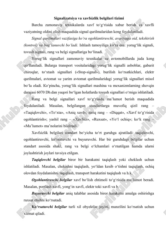 sh va h.k. ogohlantiruvchi belgilar xavf bo‘lish ehtimoli to‘g‘risida ma’lumot beradi. masalan, portlash xavfi, yong‘in xavfi, elektr toki xavfi va b. виуиrиvchi belgilar aniq talablar asosida biror harakatni amalga oshirishga ruxsat etishni ko‘rsatadi. kо‘rsatuvchi belgilar turli xil оbyektlar joyini, manzilini ko‘rsatish uchun xizmat qiladi. ushbu belgilarning shakli, rangi va o‘lchami gost asosida belgilanadi. masalan, taqiqlovchi belgilar aylana shaklida, ogoh- lantiruvchi belgilar uchburchak shaklida, buyuruvchi belgilar kvadrat va ko‘rsatuvchi belgilar to‘g‘ri turtburchak shaklida tayyorlanadi. bundan tashqari mashina va mexanizmlardan foydalanish xavfsizligini hamda qulayligini oshirish maqsadida masofadan boshqarish («distansion») qurilmalaridan ham keng foydalaniladi. ular ishlash tamoyiliga ko‘ra mexanik, gidravlik, pnevmatik, elektrik va kombinatsiyalashgan turlarga bo‘linadi. ishlab chiqarish sharoitida xafsizlikni ta’minlashda yuqorida keltirilgan texnik vositalardan tashqari ish joylari va jihozlar oraliqlari o‘lchamlarini me’yorlashtirish ham muhim rol o‘ynaydi. elektr xavfsizligi elektr tokining inson tanasiga ta’siri xalq xo‘jaligining barcha tarmoqlaridagi rivojlanish darajasini elektr energiyasisiz tasavvur qilish qiyin. lekin elektr energiyasi inson mehnatini yengillashtirib ish unumdorligini …