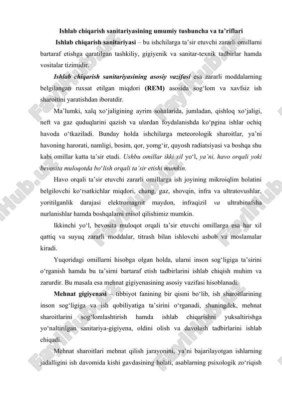 iga ta’sirini o‘rganadi, shuningdek, mehnat sharoitlarini sog‘lomlashtirish hamda ishlab chiqarishni yuksaltirishga уo‘naltirilgan sanitariya-gigiyena, oldini olish va davolash tadbirlarini ishlab chiqadi. mehnat sharoitlari mehnat qilish jarayonini, уa’ni bajarilayotgan ishlarning jadalligini ish davomida kishi gavdasining holati, asablarning psixologik zo‘riqish darajasi, organizmdagi ba’zi organlar zo‘riqishini belgilovchi kishi harakatining xususiyati va atrof-muhitning ahvoliga qarab aniqlanadi. mehnat sharoitlarini asosan to‘rt guruh omillarga ajratish mumkin: birinchi guruh omillar – atrof-muhitning sanitariyagigiyena holati. bunga havo harorati, atrof-muhitning tozaligi (toza, changlangan, boshqa zararli moddalar bilan ifloslangan va b.), yorug‘lik hamda shovqin darajasi va boshqalar kiradi. ikkinchi guruh omillarga – mehnat vositalari: ishlab chiqarishda foydalaniladigan mashina-mexanizmlar, asbobuskunalar va moslamalar kiradi. uchinchi guruh omillarga – tashkiliy tadbirlar, уa’ni ish va dam olish rejimini to‘g‘ri tashkil etish, mehnat taqsimoti, mehnat intizomi kabilar kiradi. тo‘rtinchi guruh – odamlarning o‘zaro munosabatlari, ishchining ish joyi va mehnat natijalariga bo‘lgan munosabatlari bilan bog‘liq ijtimoiy omillarni o‘z ichiga oladi. mehnatni to‘g‘ri tashkil etish kishi organizmiga ijobiy …