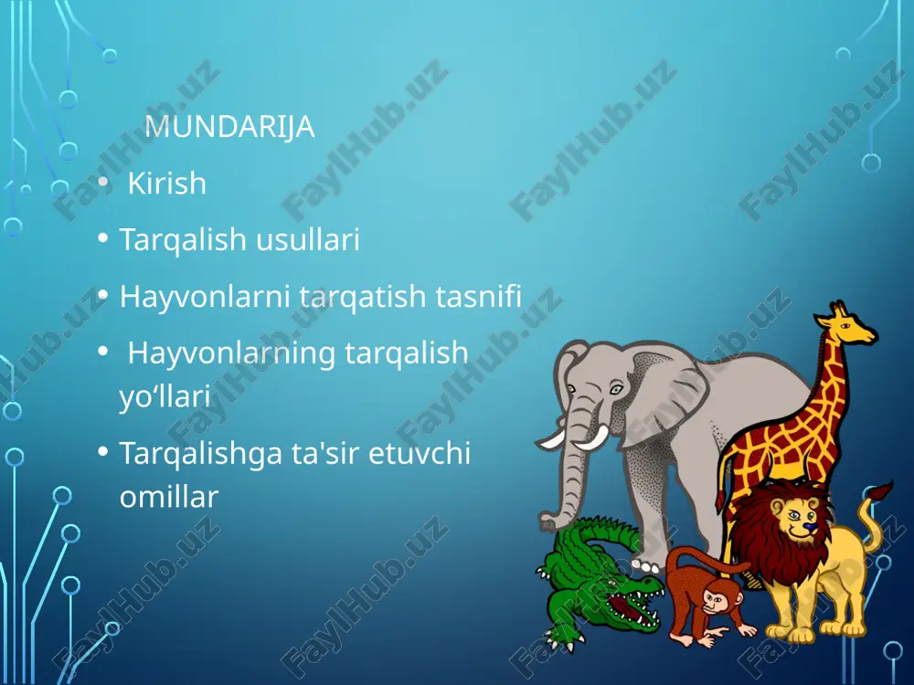 yvonlarning o’tmishda taqsimlanishi – fossil - bu vaqt bo’yicha taqsimotdir - buni palaeontologiya deb ham atashadi 11 - kosmopolit yoki davomli taqsimot - davomiy bo’lmagan taqsimot - bipolar taqsimot - izolatsiyalangan taqsimot hayvonlarning tarqalish yoʻllari kosmopolit tarqalish — bu turlar butun dunyoda keng tarqalgan va turli xil sharoitlarga moslashgan. bu turlar ko’plab geografik hududlarda uchraydi. kosmopolit turlar, masalan, quruq joylarda yashashga moslashgan bo’lishi mumkin kosmopolit yoki uzluksiz tarqalish doimiy boʻlmagan taqsimot bir xil turdagi yoki turlarga mansub hayvonlar dunyoning juda ko'p ajratilgan hududlarida yashashi mumkin masalan. notodrilus: yomg’ir chuvalchangi yangi zelandiya, avstraliya, janubiy amerika, markaziy amerika va janubiy afrikada uchraydi. peripatus (baxmal qurt) amerika, afrika, malaya, yangi zelandiya va sharqiy hindistonda joylashgan annelida va artropodlarni birlashtiruvchi aloqa. bipolar taqsimot ayrim hayvonlar faqat bipolyar mintaqalarda tarqalgan shimoliy va janubiy qutblar yoki artik va antarktika mintaqasi izolatsiyalangan taqsimot baʼzi hayvanlar faqat ayrim hududlardagina uchraydi tarqalishga ta’sir etuvchi omillar geologik omil – tog’lar, …
