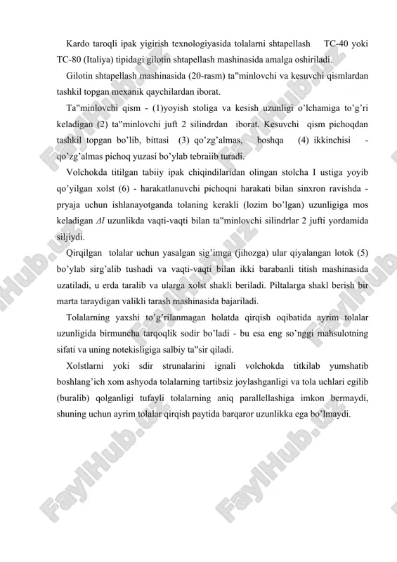 - yoyish stoli; 2 - ta’minlovchi nilindrlar; 3 - qo‘zg‘almas pichoq; 4 - harakatlanuvchi nichoq, 5 - qiya lotok; 6 - tola to‘shamasi (nastil). xolstda tolalarning joylanishi mumkin bo’lgan turli vaziyatlarda analizi (21- rasm) shuni ko’rsatadiki, ya‟ni, tolalar joylanishidagi eng mumkin bo’lgan tolalarninp xolst tomoniga yo’nalishidagi (8) burchak ostida joylashgan variantidir, ya‟ni, bular - uchlari buralgan (s) bir necha qatlash (e) va qobiqlarning notekis fragmenti shaklidagi tugunchakli tolalardir (a). ayrim tolalarning shtapellanishdan keyingi uzunligi tolalar holatiga, qirqish va buralish zonasi bilan mos kelishiga bog’liq. biroq bunday, holatda ham tolalarning boshlangich (ii) va oxirgi (i), qirqimlari, uzunligi qirqish (qirqim) uzunligidan kam bo’lgan (lr) qirqimlari hosil bo’ladi. l-oxirgi qirqim; ii -boshlangich qirqim; lr-qirqim (kesim) uzunligi. bunday qirqimlar (bo’laklar) uzunligi kesish chizig’iga, nisbatan tolalarning xolstda joylashishiga bog’liq. chunki umumiy massada boshlang’ich uchlarini birlashtirib tolalarni kesishni sinxronlashgirish mumkin emas, jarayon tasodifiy va ayrim oxirgi tolalarning uzunligi hamma vaqt quyidagi shartlarga to’g’ri keladi. lk ∞ …