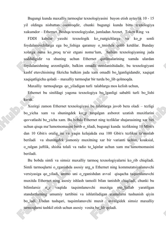 andartlarning umumiy tartibini va ishlatiladigan atamalarni tushunish qiyin bо‗ladi. undan tashqari, taqsimlanuvchi muxit avvalgidek simsiz maxalliy tarmoqlarni tashkil etish uchun asosiy vosita bо‗lib qoladi. ethernet ni bayon etish shu bob bilan chegaralanib qolmay global tarmoqlarga bag‗ishlangan 4 bobda aloqa operatolar tarmog‗i uchun yaratilgan yangi carrier ethernet versiyasining asosiy tamoili xam bayon etiladi. maxalliy tarmoq xususiyatlari maxalliy tarmoqlar xoxishiy zamonaviy tarmolarning ajralmas qismidir. agarda biz global tarmoq tarkibini kо‗radigan bо‗lsak, masalan, internet yoki katta korporativ tarmoqlarni, u xolda amaliy jixatidan bu tarmoqning barcha axborot resurslari maxalliy tarmoqlarda jamlangan, global tarmoq esa kо‗p sonli maxalliy tarmoqlarni bog‗lovchi transport bо‗lib xizmat qiladi. maxalliy tarmoqlarning asosiy vazifalaridan biri, bir bino doirasidagi kompyuterlarni birlashtirish yoki yaqin joylashgan binolardagi tarmoqlarni tarmoq foydalanuvchilariga maxalliy serverlar xizmatlariga va axborot resurslariga ega qilish maqsadida birlashtirishdan iboratdir. undan tashqari, maxalliy tarmoqlar kompyuterlarni guruxlab ularni global tarmoqlarga ulash uchun qulay vosita bо‗lib xizmat qiladi, chunki global tarmoqlarda axborotlarni aloxida kompyuterlar о‗rtasida …