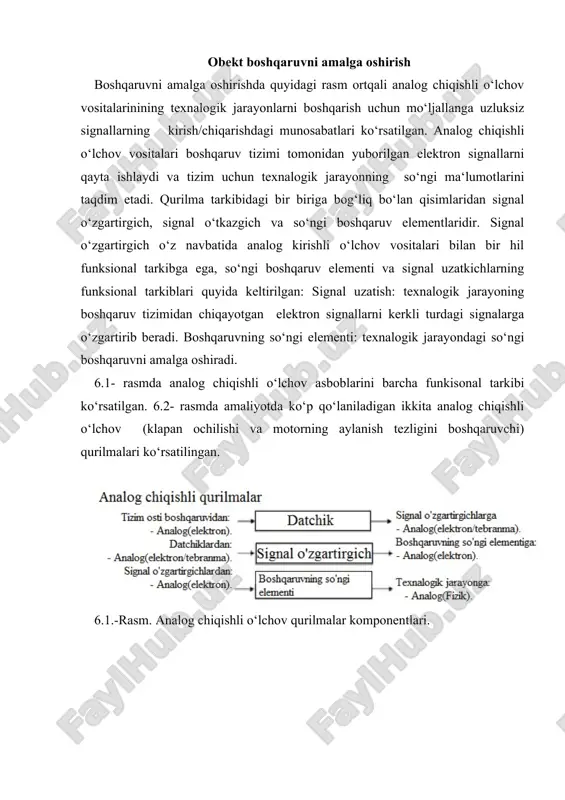 ‘lchov qurilmalari signallarning kiritish/chiqarish bog‘liqlikligi. raqamli kiritish o‘lchov qurilmalari texnalogik jarayon vaqtida hosil bo‘lgan fizik signallarni qayta ishlaydi va boshqaruv tizimiga tushunarli holatga o‘tkazib beradi. qurilmaninng tarkibiga datchik, signal o‘zgartirgich, satx o‘zgartirgichlar kiradi. ishlash jarayonida datchik va signal o‘zgartirigichlarni vazifalari o‘zgarmay satx o‘zgartirgichning vasfasi chiqishdagi elektron signal o‘zgarishi (mavjud yoki mavjud bo‘lmagan ) holatlarda, kirish signali o‘zgarish (mavjud yoki mavjud emasligi) bilan boshqarish tizimining talablariga mos ravishda qayta ishlanadi. 6.5-rasmda raqamli kiritish signalli o‘lchov qurilmalarining funksional tasviri ko‘rsatilgan. 6.5.-rasm. raqamli kiritishli o‘lchov qurilmasi komponentlari. bu qurilmalar fizik signallarni qabul qilib (mexanik, elektrik, optic, qarshilik va hokazo) boshqaruv tizimiga mos keluvchi tok kuchi yoki kuchlanish ko‘rinishidagi chiqish signallar hosil qiladi. 6.6-rasmda hozirda ishlab chiqarishda keng qo‘llaniladigan 3 ta raqamli kirish signallari o‘lchov qurilmalari keltirilgan (boshqarish relesi, xarakat datchigi, limit relesi). limit relesi mexanik kirish signalini qabul qilib (yoqish/o‘chirish) olib uni elektron ko‘rinishdagi (yoqish/o‘chirish) chiqish signaliga aylantirib beradi. induktiv optik harakat datchigi …