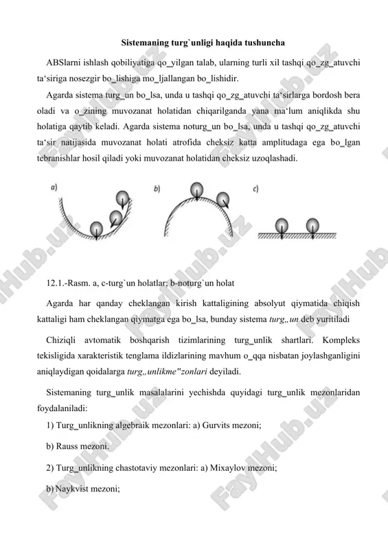 lishi sistemaning turg‗un bо‗lishi uchun zaruriy shartdir. sistemalar turg‗unlik masalasini yechish kо‗plab olimlmrning ilmiy ishlari bag‗ishlangan. turg‗unlik masalasini yechishning umumiy usullarini rus matematigi a.m.lyapunov yaratgan. a.m.lyapunov chiziqli differenqial tenglama orqali ifodalanuvchi dinamik sistemaning turg‗unligini о‗rganib quyidagi hulosalarga keldi: 1) agar xarakteristik tenglamalar ildizlarining barcha haqiqiy qismlari manfiy bо‗lsa, tenglama turg‗un bо‗ladi; 2) agar bu tenglama ildizlaridan birontasi musbat bо‗lsa, sistema noturg‗un bо‗ladi. chiziqli bо‗lmagan differensial tenglama orqali tavsiflanuvchi sistemalarni turg‗unlikka tekshirish shartlari uchun yuqorida keltirilgan qoidalar doim ham о‗rinli emas. agar ildizlar tekisligining koordinata о‗qlarining absissasiga haqiqiy qismlarni, ordinata о‗qiga esa xarakteristik tenglama ildizining mavhum qismlarini qо‗ysak, u holda bu tekislikda har bir ildizga bir nuqta mos keladi. haqiqiy ildizlar absissa о‗qida joqlashgan nuqtalarni aniqlaydi, bir biriga bog‗langan kompleks ildizlar juftligi esa absissalar о‗qiga nisbatan simmetrik joylashgan ikki nuqtadan iborat. 12.2- rasm. xarakteristik tenglamaning ildizlar tekisligi. shunday qilib, haqiqiy sistema turg‗un bо‗lishi uchun chiziqlqshtirilgan sistemaning xarakteristik tenglamasi ildizlari ildizlarning kompleks …