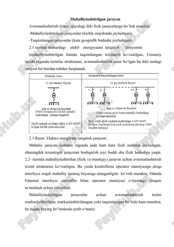 texnalogik jarayonlarni boshqarishda qo‘l keladi. kelishilgan boshqaruv odatda funksional asosiga ko‘ra yoki hududiy bo‘linishiga ko‘ra taqsimlanishi mumkin. misol tariqasida elektr stansiyasini ko‘rib chiqamiz. elektr stansiya odatda uchta funksional jarayonlarga bo‘linadi – bug‘ni hosil qilish, elektr energiyasini hosil qilish va qo‘shimcha yordamchi funksiyalar bo‘lib, ular yordamida ko‘mir va suvdan elektr energiyasini olish 2.3- rasmda ko‘rsatilgandek amalga oshiriladi. birgina katta kontroller yordamida, butun stansiyaning avtomatlashtirish jarayoni, bir yoki bir nechta operator stansiyalari, ishlatilgan bo‘lishi mumkin. 2.3- rasm. mbt bitta va bir nechta operatorlik stansiyalari bilan. mbt ning avfzaliklari va kamchiliklari quyidagilardan iboratdir: avfzaliklari: · kichik va kam tarqalgan tashqi jarayonlarni mavjud bo‘lgan boshqaruv uchun idial mos keladi, chunki o‘lchov nuqtalari o‘rtasidagi minimal kabellar ularni qayta ishlash kontrollerlari bor. · texnik jixatdan tuzilishi sodda. · moliyaviy jixatdan nisbatan arzon. kamchiliklari: · katta va keng tarqalgan tashqi jarayonlari mavjud bo‘lgan tizimlarga, o‘lchov nuqtalari o‘rtasida ko‘p kabellar isrof bo‘lishi va ularni qayta ishlash va kontrollerlar …