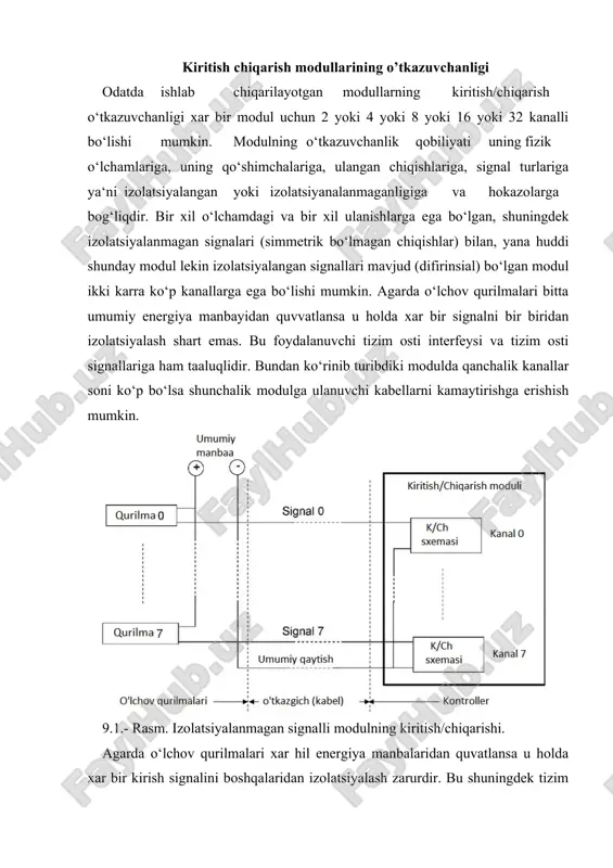 i bilan ichki shina orqali birlashtirilgan) 9.3-rasmda ko‘rishingiz mumkin. xotira, himoya tizimi va aloqa modullari uchun protsessor bilan katta tezlik zarur bo‘lgani uchun bu modullar uchun alohida ichki modul joylashtirilgan. bu konstruksiya tashqi shinani faqatgina funksional modullar bilan aloqani ta‘minlash uchun hamda protsessor bilan axborat almashish saqlab qoladi. 9.3-rasm. protsessorga integrallashgan modul. integrallashgan modul bir nechta ketma-ket interfeys, hamda ethernet interfeyslariga ega bo‘lishi, shuningdek ularning xar biri esa yana bir nechta tashqi sistemalar ulangan bo‘lishi mumkin. qo‘shimcha ravishda yana shunin aytish mumkinki ularning hammasi bitta blok ichida bo‘lib uning vazifasi kontrollernin kompyuter terminali bilan bog‘lash, shuningdek kontrollerni dasturlash hamda tashxislash imkonini beradi. 9.4.-rasmda integrallashgan protsessor modulini ketma-ket hamda ethernet interfeyslari uchun bir va ikki portlari old tomonidan ko‘rinishi tasvirlangan. 9.4.-rasm. integrallashgan protsessor modulining ko‘rinishi. kontrollerning kengaytirilgan imkoniyatlari avval aytib o‘tkanimizdek asosiy ramkada slotlar chegaralangan va biz hohlagan sondagi funksional modullarni joylashtira olmaymiz (asosan kiritish/chiqarish modullari). xar safar qurilma ko‘p sondagi …