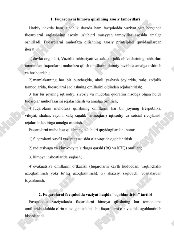 rolarni himoya qilishning har tomonlama omillarida alohida o‘rin tutadigan uslubi - bu fuqarolarni o‘z vaqtida ogohlantirish hisoblanadi. ogohlantirish radio, televizor vositalari orqali amalga oshiriladi. bunda fuqarolarni ogohlantirishdan oldin sirena, ishlab chiqarish gudogi, transport vositalarining signallari va boshqa belgilar orqali ogoh etiladi. ya’ni bu belgilar «diqqat hammaga» degan ma’noni anglatadi. shu belgilarni eshitgan har bir fuqaro radio, televizorlarni qo‘yishlari zarur. har bir ofat yuz berganda, ularni fuqarolarga hamda xalq xo‘jaligiga ko‘rsatadigan ta’sir xususiyatlarini hisobga olgan holda ogohlantirish matnlari tuziladi. masala, a) atom elektr stantsiyasida yuz bergan avariya haqida fuqarolar muhofazasi quyidagi tartibda xalqni ogoh qiladi: «diqqat», fuqaro muhofazasi shtabidan gapiramiz, fuqarolar! atom elektr stantsiyasida avariya sodir bo‘ldi. shu aes atrofida joylashgan «uzbat» korxonasi, xamza aloqa uzatish tarmog‘i, yangi qurilayotgan metro stantsiyasi, toshkent mineral suv quyish zavodi va uy-joylar, mahallalarga radioaktiv changlarning tushishi kutilmoqda. shu hududda yashovchi hamma fuqarolar o‘zlarining, yashovchi uylari germetikligini (zichligini) mustahkamlashlari, uy xayvonlarini pana joyga kiritishlari, oziq-ovqat mahsulotlarini, …