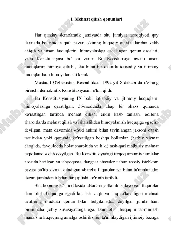 ti qonun bilan belgilanadi», deyilgan jumla ham birmuncha ijobiy xususiyatlaiga ega. dam olish huquqini ta'-minlash mana shu huquqning amalga oshirilishini ta'minlaydigan ijtimoiy bazaga asoslanishi kerak. bu bandda ana shu bazani ta'minlash imkoniyatini beradigan qonun barpo etilishi mumkinligi belgilangan. 38-moddada «har kim qariganda, mehnat layoqatini yo'qotganda, shuningdek, boquvchisidan mahrum bo'lganda va qonunda nazarda tutilgan boshqa hollarda ijtimoiy ta'minot olish huquqiga ega. pensiyalar, nafaqalar, ijtimoiy yordamning boshqa turlarining miqdori rasman belgilab qo'yilgan tirikchilik uchun zarur eng kam miqdordan oz bo'lishi mumkin emas» deyilgan. oldingi konstitusiyalarda ijtimoiy ta'minlanish masalasi hal qilingani bilan uning miqdori hech kimni qiziqtirmas edi. bu konstitusiyada qo'shimcha ravishda tirikchilik uchun yetarli miqdorda belgilanishi, albatta, keyingin nafaqa haqidagi qonunlarda uning miqdorini oshirish imkoniyatini beradi. 39-moddada «har bir inson malakali tibbiy xizmatdan foydalanish huquqiga ega» deb belgilangan. ilgari qabul qilingan konstitusiyalarda bepul tibbiyot xizmati-dan foydalaniladi, deyilgan edi. ammo amalda tibbiyot xizmatidan, bepul foydalanish imkoniyatlari yaratilmagani sababli bu qonun tibbiyot sohasining inqiroziy …