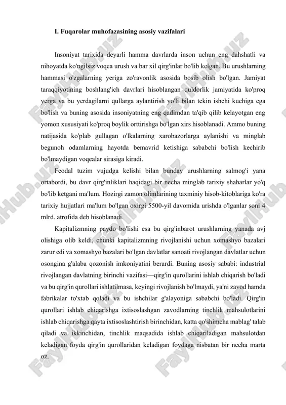 vlatning birinchi vazifasi—qirg'in qurollarini ishlab chiqarish bo'ladi va bu qirg'in qurollari ishlatilmasa, keyingi rivojlanish bo'lmaydi, ya'ni zavod hamda fabrikalar to'xtab qoladi va bu ishchilar g'alayoniga sababchi bo'ladi. qirg'in qurollari ishlab chiqarishga ixtisoslashgan zavodlarning tinchlik mahsulotlarini ishlab chiqarishga qayta ixtisoslashtirish birinchidan, katta qo'shimcha mablag' talab qiladi va ikkinchidan, tinchlik maqsadida ishlab chiqariladigan mahsulotdan keladigan foyda qirg'in qurollaridan keladigan foydaga nisbatan bir necha marta oz. shuning uchun ham kapitalizm rivojlana borishi bilan qirg'in qurollari hajmi ham orta bordi va bu qurollar mukammal qirg'in qurollariga aylandi. ko'rinib turibdiki, qurol- yarog'larningl mukamallashib borishi urushlar jarayonida qurbon bo'layotganlar sonini keskin ortib ketishiga olib keldi. dunyoda shu sohada tadqiqot olib borayotganlarning ma'lumot berishlaricha 17-asrda qurbon bo'lganlar soni 3 mln kishini tashkil qilgan bo'lsa, 18-asrda 5, 5 mln kishini, 19-asrda 16 mln ni va 20-asrda esa bu raqam 70 mln dan oshib ketdi. qurbonlarning ko'payishi faqatgina harbiylar orasida bo'lib qolmasdan, balki tinch fuqarolar o'rtasida qurbon bo'layotganlar soni …