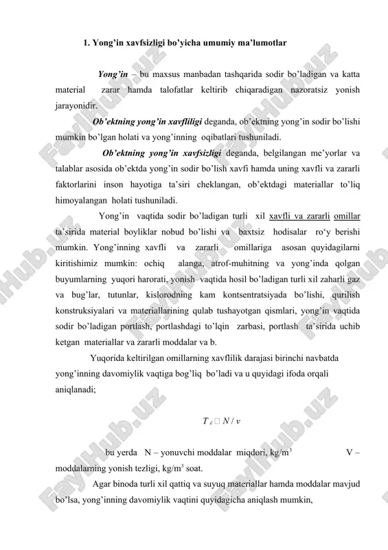 razalarning yuzasi, m2; 6 - bino yuzasining bino derazalari yuzasiga nisbati, sx/so=4...10; n1,n2,...nm - modda va materiallarning yonish tezligini hisobga olish koeffitsienti, kg/m2soat. ushbu koeffitsient benzin uchun –15; rezina, orgsteklo uchun –35; avtomobil shinasi uchun- 40; yog’och materialar uchun – 65 ga teng deb qabul qilinadi. ma’lumki yong’inni o’chirishga nisbatan uni oldini olish ham oson, ham foydalidir. shu sababli, har bir mutaxassis, har bir xodim ishlab chiqarishdagi yong’in sabablarini bilishi, yong’in xavfsizligi qoidalariga to’liq rioya qilishi va yong’inni oldini olishga qaratilgan tadbirlarni amalga oshirishi zarur. shunga bog’liq holda ob’ektning yong’in xavfsizligi - yong’inni oldini olish sistemasi, yong’inga qarshi himoya sistemasi, yong’inning tarqalishini oldini olish sistemasi va tashkiliy-texnik tadbirlar orqali ta’minlanadi. yong’inni oldini olish sistemasi – yongin sodir bo’lish sharoitlarini bartaraf etishga qaratilgan tashkiliy tadbirlar va texnik vositalar majmuidan iboratdir. ushbu tadbirlar ishlab chiqarishda mumkin qadar ko’proq yonmaydigan va qiyin yonadigan materiallarni ishlatish, texnologik jarayonlarni to’liq mexanizatsiyalash va avtomatlashtirish, yonginga xavfli …
