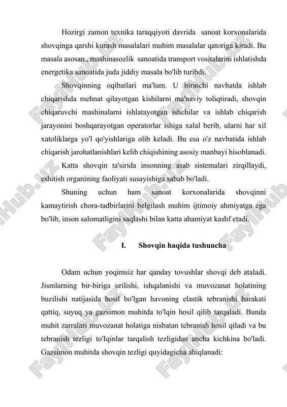 44 m/s ga teng. tovush to'lqinlari ma'lum chegaragacha tarqalishi mumkin. mana shu chegara oraliq tovush maydoni deb ataladi. tovush maydonidagi har bir nuqtada havo zarralarining harakat tezligi vaqt birligida o'zgarib turadi. bir lahzada kuzatilgan havo to'liq bosimining ta'sir kuchidan xoli bo'lgan havoning o'rtacha bosimiga nisbati tovush bosimi deb ataladi va r bilan belgilanada. tovush bosimining o'lchov birligi pa. odam qulog'iga tovush bosimining o'rta kvadrat miqdori ta'sir qiladi. p2 = 1/t0 to p 2(t)dt o chiziqlo'rtacha vaqt bo'yicha odam qulog'iga t0 30- 100 ms davomida paydo bo'ladigan bosimni bildiradi. tovush bosimining tebranish tezligiga nisbati tebranish amplitudasiga bog'liq emas. u p/v=pc (pa-s/m) ga teng. bunda: p — muhitning solishtirma akustik qarshiligi. bu qarshilik havo uchun 410 pa s/m, suv uchun 1,5-106 va po'lat uchun 4,8-107 pa s/m ga teng/ shovqin to'lqinlari tarqalganda ma'lum miqdordagi eneigiya bir nuqtadan ikkinchi nuqtaga ko'chiriladi. to'lqin tarqalayotgan normal yo’nalishning keltirilgan yuza birligiga vaqt birligida muhitning qandaydir nuqtasidagi …