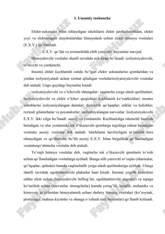 ish uchun (himoyalovchi belbog’lar, ogohlantiruvchi arqonlar) va tepaga ko’tarilish uchun (narvonlar, tirnoqchalar) hamda yorug’lik, issiqlik, mehanika va kimyoviy ta’sirlaridan himoyalanish uchun shahsiy himoya vositalari (ko’zoynak, protivogaz, mahsus kiyimlar va shunga o’xshash turli buyumlar) qo’llanib kelinadi. 2. kuchlanish 1000 v gacha bo’lgan elektr uskunalariga xizmat vaqtida qo’llaniladigan himoya vositalari kuchlanish 1000 v gacha bo’lgan e.x.v. quyidagi buyumlar kiradi: dielektrik qo’lqoplari, tezkor shtangalar, izolyatsiyalovchi va elektr o’lchov qisqichlar, izolyatsiyalangan monter asboblari va kuchlanish ko’rsatkichlari. eng keng qo’llanib kelayotgan rezinadan tayyorlangan dielektrik qo’lqoplari. uni qo’llashdan oldin germetik holatini tekshirish kerak bo’ladi. germetik buzilgan qo’lqoplarni qo’llash man etiladi. dastasi izolyatsiyalangan monter asboblarini kuchlanish ostida turgan kuchlanishi 220/380 v ga ega bo’lgan elektr uskunalarida qo’llanishi mumkin. ko’pincha bir tomonli gayechniy kluchlar, otvertkalar, ombirlar, qisqichlar, pichoqlar qo’llanib kelinadi. bularni barchasini dastalari plastmassadan tayyorlanishi talab etiladi, sababi bularda plastmassa asosiy himoya vositasi hisoblanadi. 55- rasm. izolyatsiyalangan monter asboblar. tok o’tkazuvchi qismlarda kuchlanishni bor-yo’qligini aniqlash uchun kuchlanish ko’rsatkichlaridan …